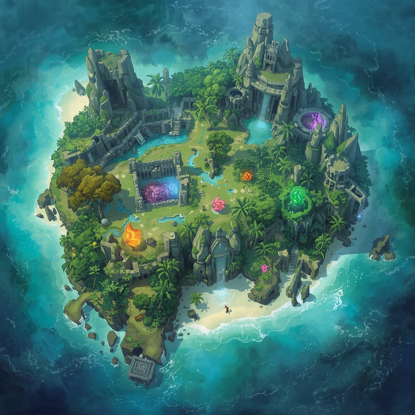 A vibrant tropical island with soft light coloring, featuring lush green palm trees, crystal clear turquoise waters, and powdery white sand beaches, set amidst a mystical atmosphere for a fantasy role-playing game encounter map, with magical elements such as glowing flora, shimmering waterfalls, and ancient ruins, inviting adventurers to explore its secrets and wonders.