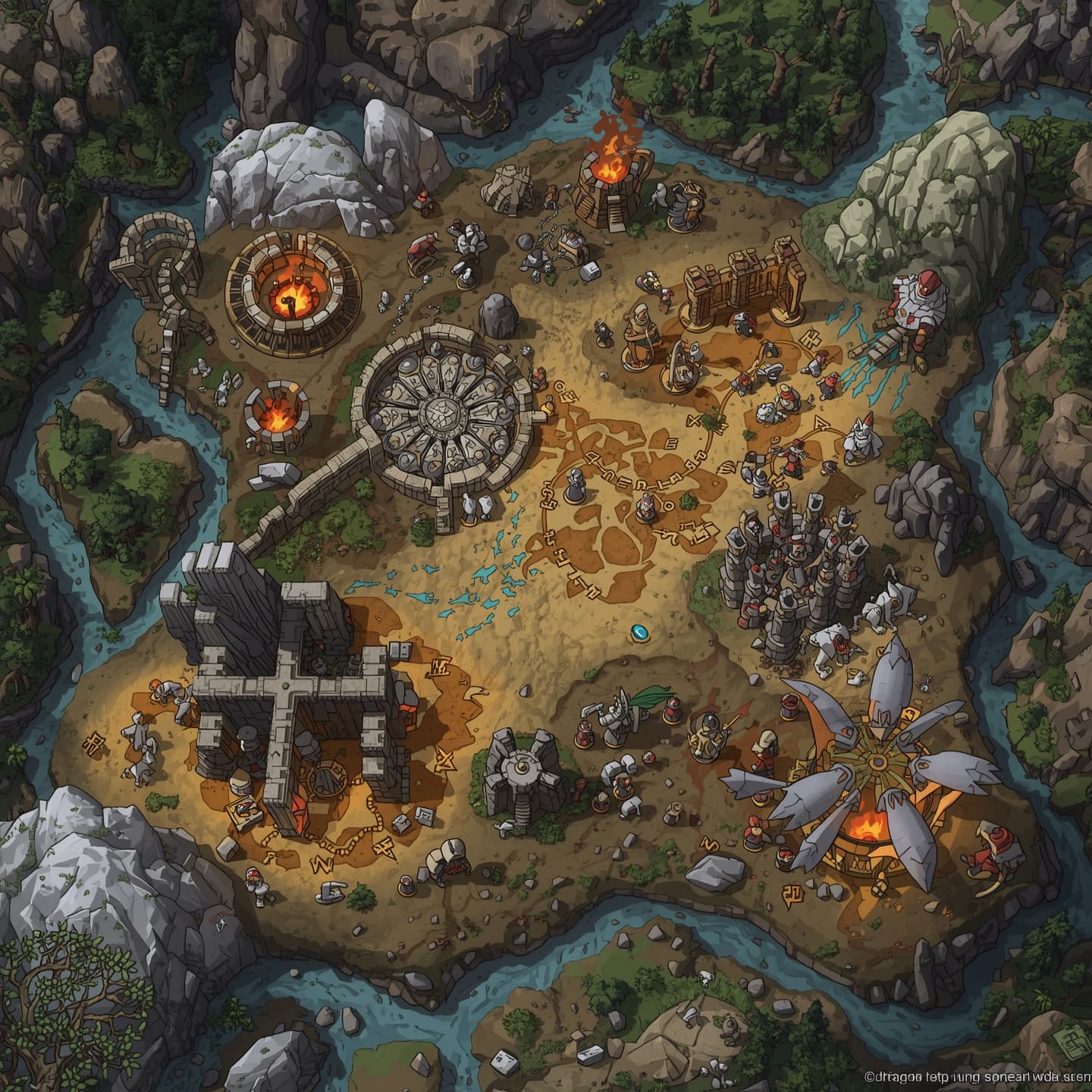 A highly detailed battlemap for Dungeons and Dragons, featuring a large grid with varied terrain such as forests, mountains, and rivers, set against a muted earthy color palette with touches of vibrant greens and blues, with a mix of fantasy elements like crumbling castle ruins, dragonfire-scorched trees, and mystical glowing runes, illuminated by a warm golden light, with a sense of depth and dimensionality, and plenty of space for miniature figures and character tokens, with visible paths and roads, and areas of foliage and rubble, all rendered in a classic fantasy art style with bold lines and intricate details.