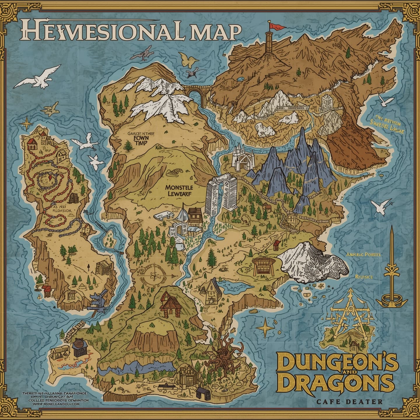 A detailed regional map for Dungeons and Dragons, featuring a medieval-inspired fantasy landscape with rolling hills, dense forests, and towering mountain ranges, rendered in a vibrant color palette with earthy tones, blues, and greens, incorporating intricate illustrations of mythical creatures, ancient ruins, and mystical symbols, with a decorative border and a prominent title in a bold, serif font, and including various geographic features such as rivers, lakes, and coastlines, all presented in a classic, hand-drawn style reminiscent of traditional fantasy cartography.