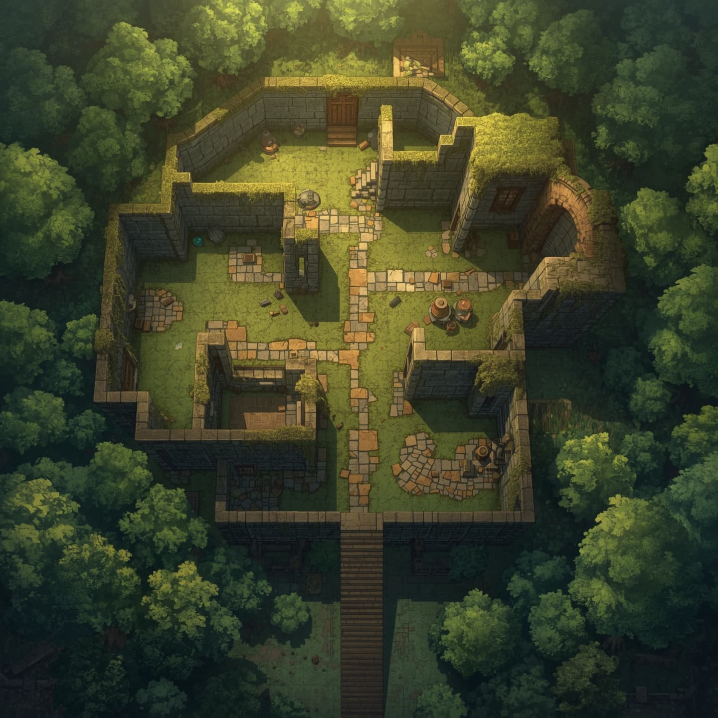 A sprawling ancient ruins sits atop a densely forested hill, depicted in a top-down floorplan view, with a light color palette, intended for use in a fantasy role-playing game as an encounter map, featuring crumbling stone structures, overgrown with vines and moss, surrounded by a sea of emerald green forest, with winding pathways and faded moss-covered floors, under a soft warm light, with subtle shading to accentuate the texture of the stones and the foliage, incorporating intricate details such as shattered pottery, rusted armor, and mysterious artifacts, all carefully arranged to create an immersive and engaging environment for players to explore.