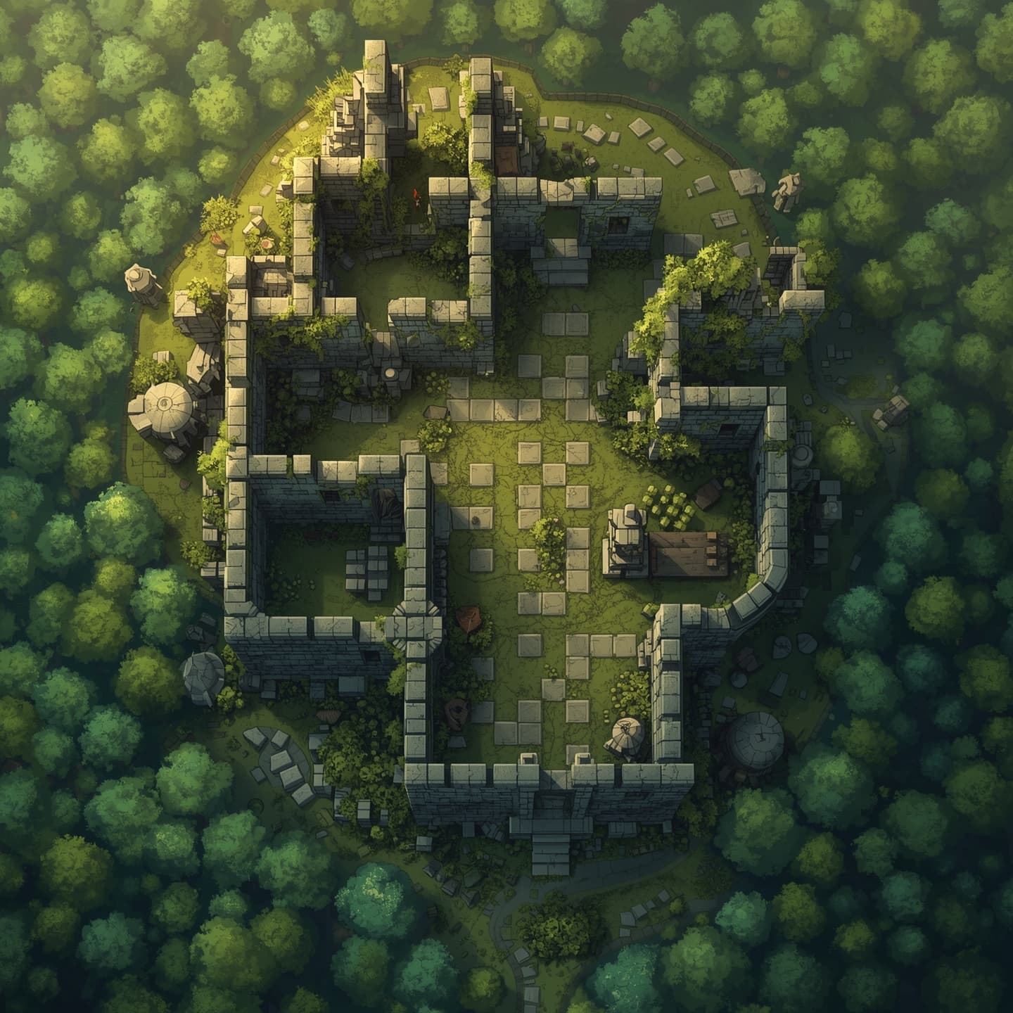 A sprawling ancient ruins sits atop a densely forested hill, depicted in a top-down floorplan view, with a light color palette, intended for use in a fantasy role-playing game as an encounter map, featuring crumbling stone structures, overgrown with vines and moss, surrounded by a sea of emerald green forest, with winding pathways and faded moss-covered floors, under a soft warm light, with subtle shading to accentuate the texture of the stones and the foliage, incorporating intricate details such as shattered pottery, rusted armor, and mysterious artifacts, all carefully arranged to create an immersive and engaging environment for players to explore.