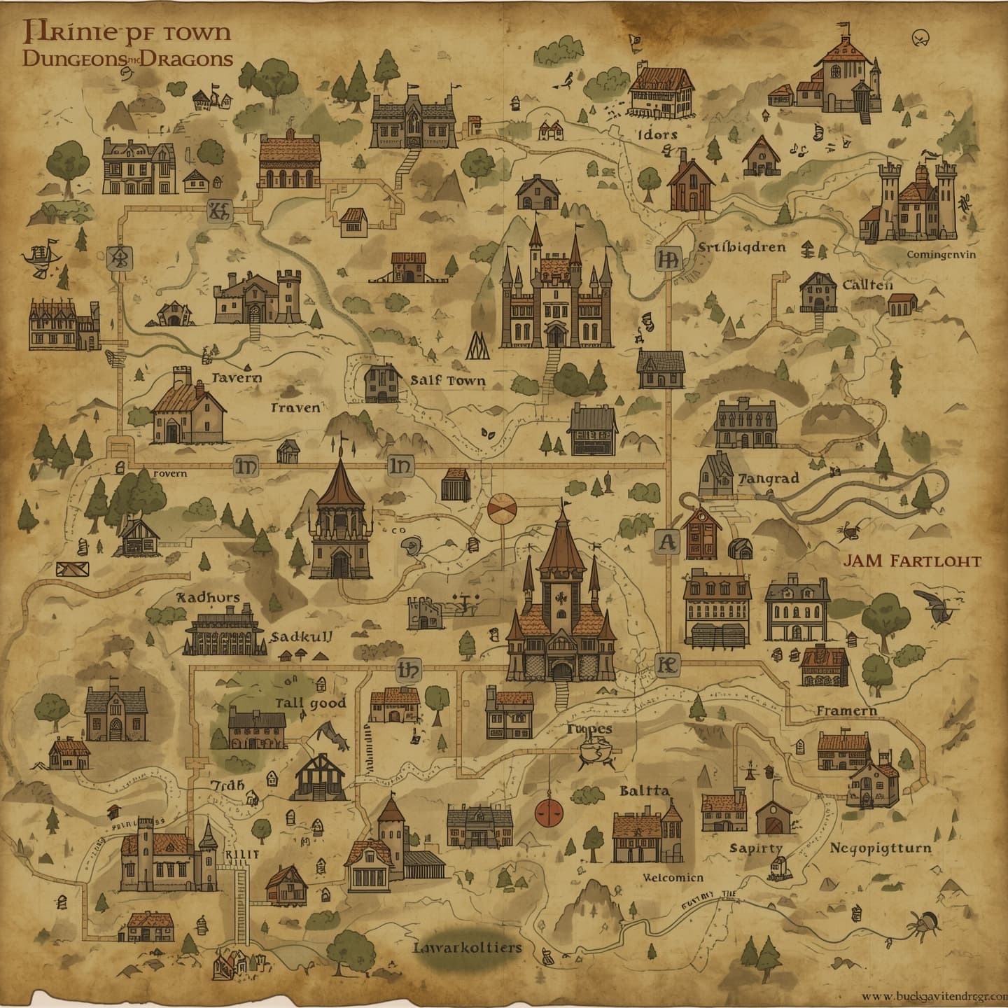 A detailed handmade town map for Dungeons and Dragons, featuring intricate illustrations of buildings, roads, and landscapes, with a mix of medieval and fantasy elements, created in a warm, earthy color palette with shades of brown, green, and beige, on a parchment-like background with subtle texture, including various landmarks such as a castle, tavern, and market square, with no labels or text, and a sense of worn, aged quality, as if the map has been well-used by adventurers, with a subtle border and a sense of depth and dimensionality.