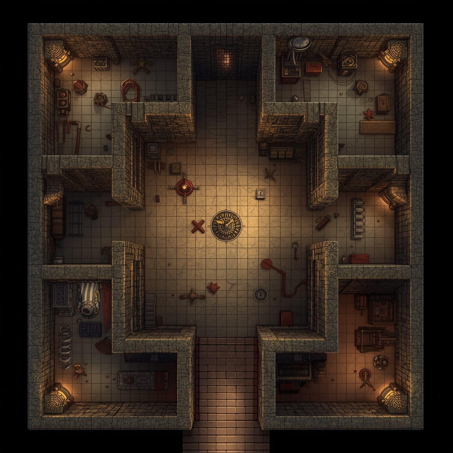 An ancient temple with several intricately connected chambers, presented in a top-down floorplan view, featuring soft warm light coloring, suitable for a fantasy role-playing game, with a detailed dungeon map layout, including various rooms, corridors, and doorways, adorned with subtle fantasy elements and mysterious symbols, conveying a sense of aged grandeur and mystical exploration.