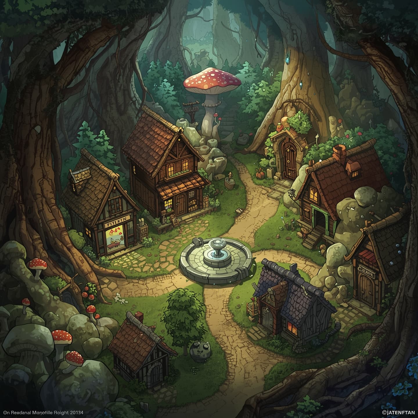 A intricately detailed map of a small mystical town nestled within a dense and vibrant mushroom forest, set amidst a fantasy realm, with winding dirt paths, glowing luminescent fungi, and twisted tree roots, featuring various shops, inns, and homes with steeply pitched roofs, all crafted from natural materials such as wood, stone, and thatch, surrounded by towering mushrooms of varying shapes and sizes, some with soft ethereal glows, under a warm and misty atmosphere, with the town's central square hosting a large stone fountain, for use in Dungeons and Dragons fantasy role-playing games.