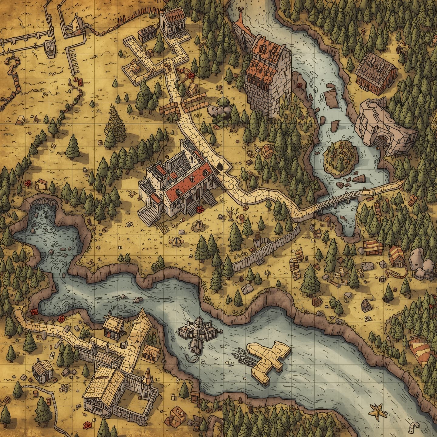 A highly detailed battlemap for Dungeons and Dragons, featuring a medieval fantasy setting with rolling hills, dense forests, and a meandering river, set against a warm and muted color palette with earthy tones, the map itself is illustrated in a traditional hand-drawn style with bold lines and intricate textures, including various landmarks and points of interest such as a crumbling castle, a bustling village, and a long-abandoned mine, with a grid overlay to facilitate gameplay, and a mix of natural and man-made obstacles and challenges to navigate, all rendered in a visually stunning and immersive style.