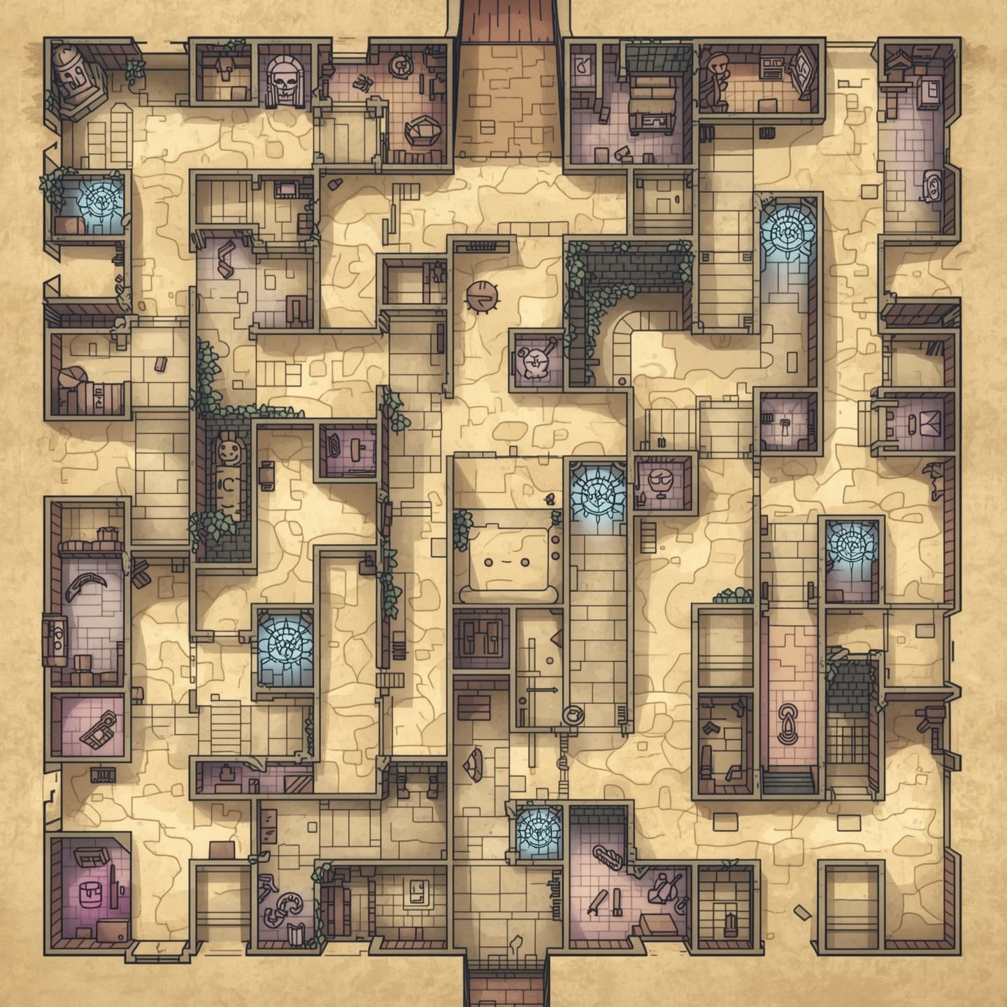 A top-down, floorplan view of a maze with light coloring, featuring winding paths, chambers, and secret rooms, set in a fantasy RPG world, with a dungeon map aesthetic, incorporating subtle shading and soft textures, with a predominantly beige and cream color palette, and accents of pale blue and mauve, to evoke a sense of wonder and adventure, with possible inclusion of subtle symbols, markings, or patterns to hint at hidden treasures or mysterious energies, all rendered in a stylized, hand-drawn style reminiscent of traditional fantasy illustration.