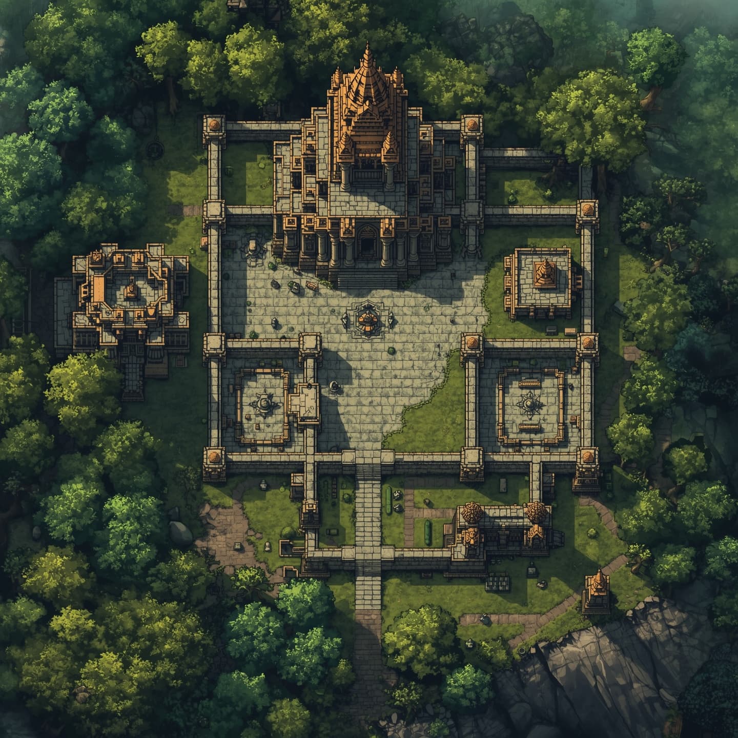 A sprawling temple complex situated atop a densely forested hill, presented in a top-down floorplan view, with a predominantly light color palette, intended for use as an encounter map in a fantasy role-playing game, featuring intricate stone pathways, grand entrance halls, and ornate sanctuaries, surrounded by a lush canopy of trees with varying shades of green, and incorporating subtle texture details to evoke a sense of ancient mystique and forgotten lore.