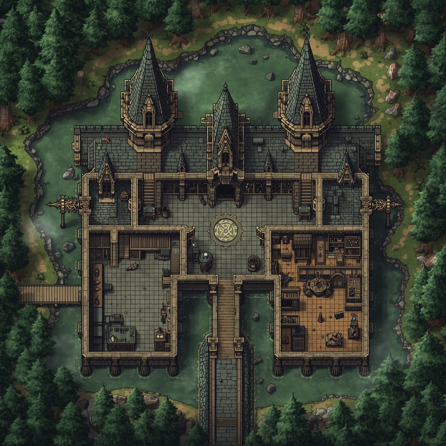 A necromancer's mansion in a top-down floorplan view with light coloring, set amidst a dense forest, featuring intricate stone walls, tall spires, and grand halls, with various rooms and chambers, including a large library, a laboratory, and a grand throne room, all adorned with mystical symbols and eerie artifacts, surrounded by a moat and accessible by a wooden bridge, with a subtle mist rolling in from the forest, for a fantasy RPG encounter map, incorporating earthy tones and muted greens to reflect the forest surroundings, with delicate lines and ornate details to evoke a sense of mysticism and foreboding.