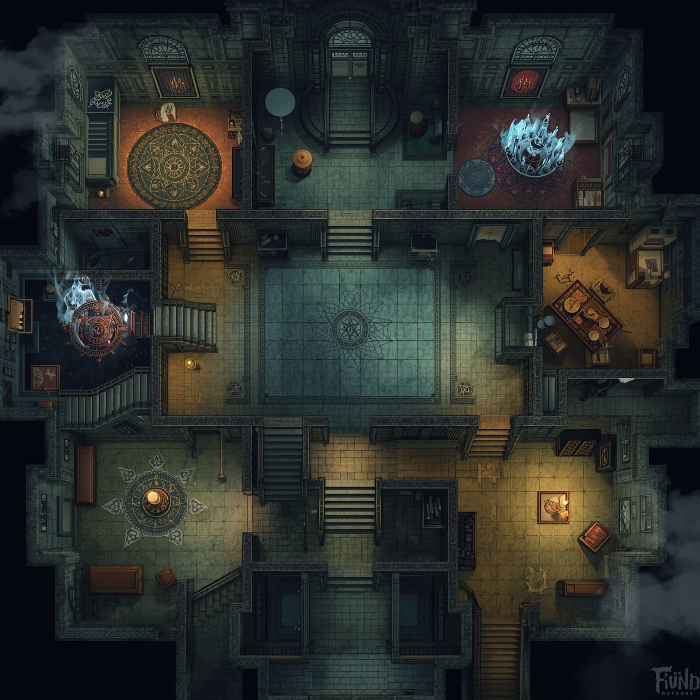 A sprawling haunted mansion is depicted in a top-down floorplan view, with a predominantly light color palette, featuring intricate details and eerie atmospherics, set amidst a fantasy role-playing game backdrop, serving as a comprehensive dungeon map, complete with precisely rendered rooms, corridors, and staircases, adorned with mysterious symbols, cobweb-covered chandeliers, and faded tapestries, all meticulously crafted to transport players to a realm of spine-tingling adventure and discovery.