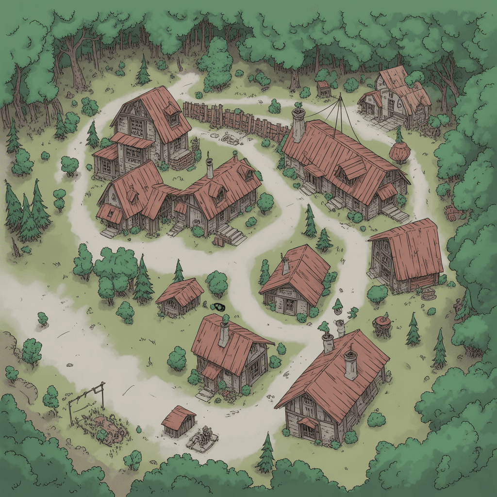 A map of a small town in the woods, for Dungeons and Dragons, fantasy rpg