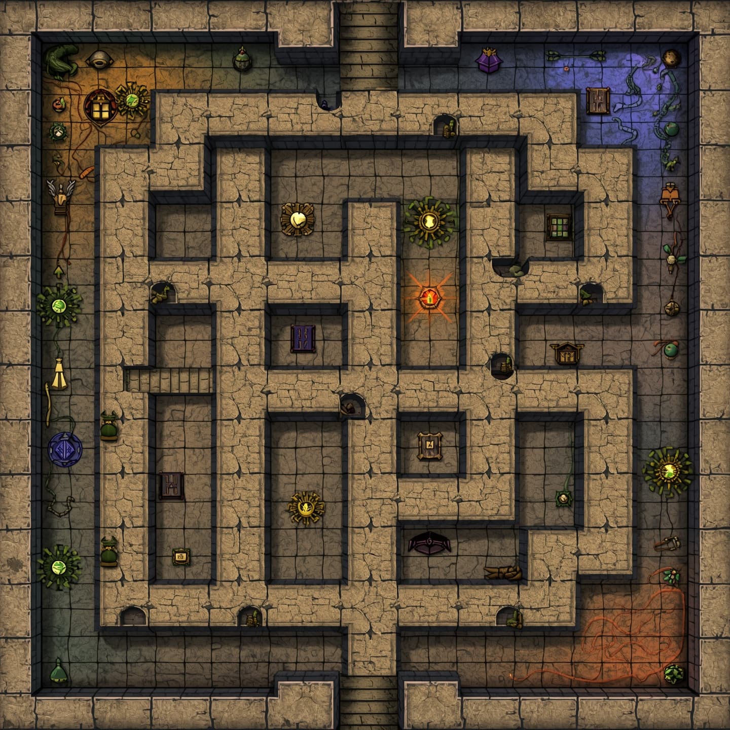 A top-down view maze with a floorplan style layout, featuring light-colored stone walls and floors, set in a fantasy RPG environment, with intricate details and pathways, including staircases, doors, and rooms, all rendered in a colorful and vibrant aesthetic, with a mix of curved and straight lines, and various shapes and symbols, such as arrows, crosses, and other mythic markings, to create a sense of adventure and exploration, with the overall design resembling a classic dungeon map, complete with hidden passages, secret doors, and mysterious chambers, all waiting to be discovered by brave heroes and intrepid explorers.