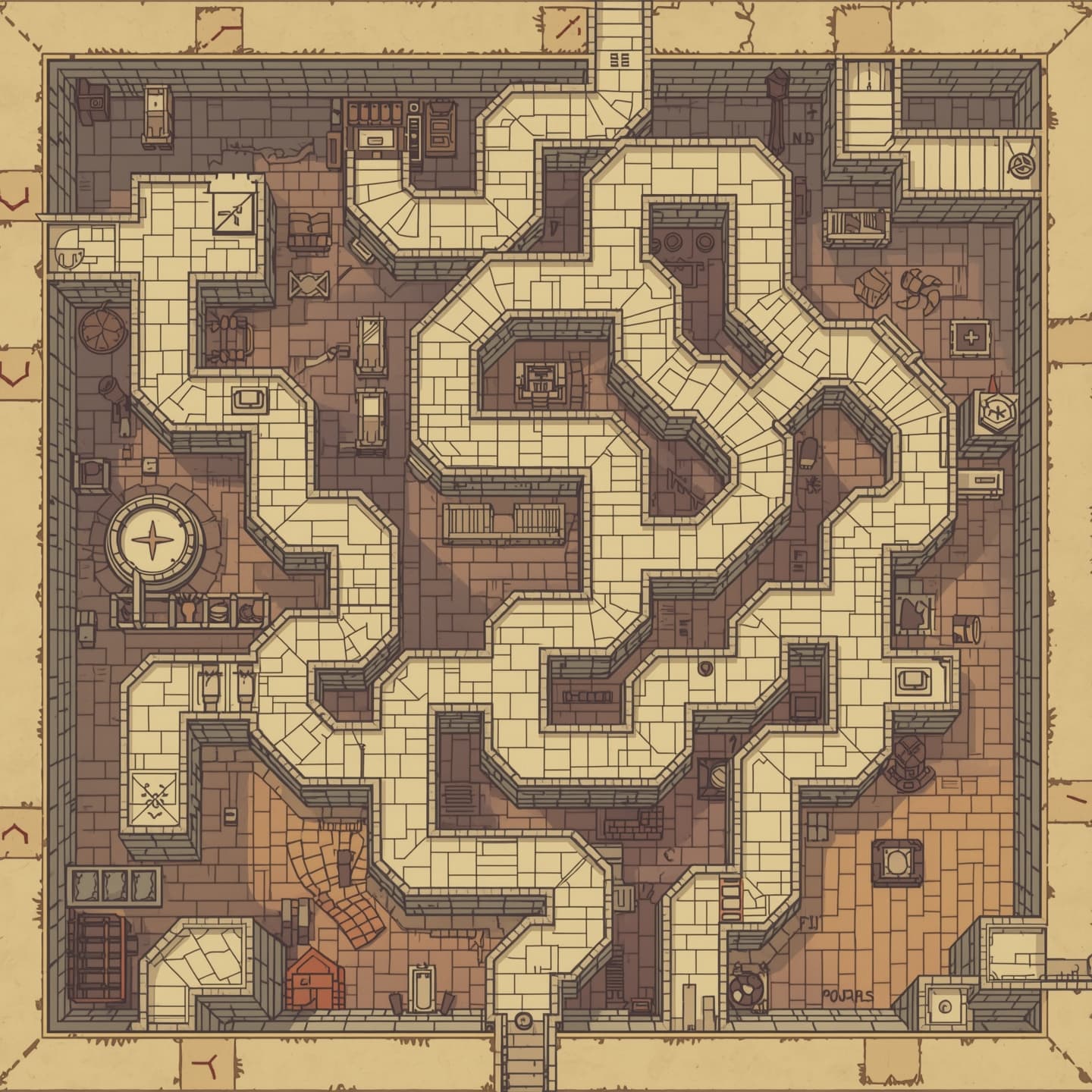 A top-down, floorplan view of a maze with light coloring, featuring winding paths, chambers, and secret rooms, set in a fantasy RPG world, with a dungeon map aesthetic, incorporating subtle shading and soft textures, with a predominantly beige and cream color palette, and accents of pale blue and mauve, to evoke a sense of wonder and adventure, with possible inclusion of subtle symbols, markings, or patterns to hint at hidden treasures or mysterious energies, all rendered in a stylized, hand-drawn style reminiscent of traditional fantasy illustration.