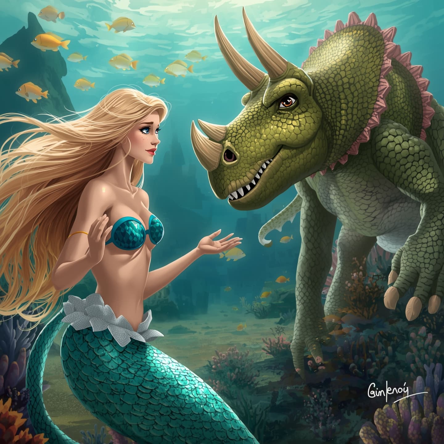 A majestic mermaid with shimmering turquoise scales, flowing long blonde hair, and bright blue eyes, is engaged in a conversation with a dinosaur person, who has the body of a muscular man, covered in green scaly skin, with a long tail, and the head of a friendly triceratops, featuring a distinctive frill and three horns, the dinosaur person has a warm smile and piercing brown eyes, the scene is set underwater, with a school of colorful fish swimming in the background, and a sunken shipwreck visible in the distance, the mermaid is gesturing with her delicate hands, while the dinosaur person is leaning in, fascinated by their conversation.