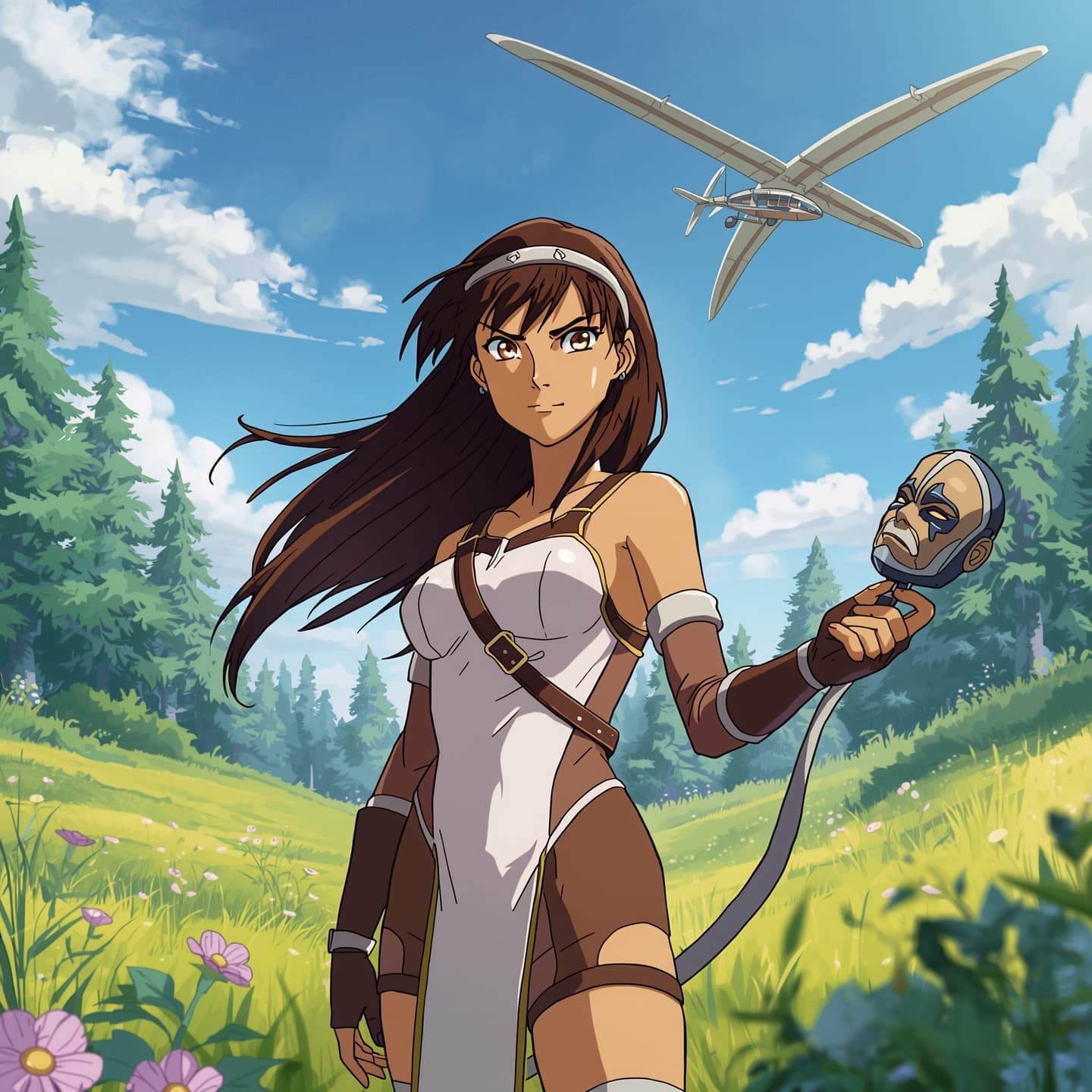 Nausicaa, a determined and courageous princess from a post-apocalyptic world, standing in a serene and vibrant meadow filled with towering trees and lush greenery, wearing a sleek white and brown pilot suit, her long brown hair flowing in the wind, her bright brown eyes shining with a mix of wonder and concern, her skin a warm sun-kissed beige, holding a delicate and intricate mask in her hand, with a majestic glider looming in the background, set against a clear blue sky with a few wispy clouds, the atmosphere filled with a sense of adventure and harmony with nature.
