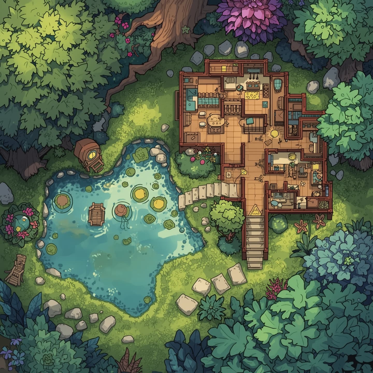 A whimsical house situated beside a serene pond, presented in a detailed floorplan view, with a predominantly light color palette, adorned with intricate fantasy elements, and designed as a dungeon map for a fantasy role-playing game, featuring elegant lines, soft textures, and a dreamy ambiance, with the house and pond nestled among lush greenery and vibrant foliage, and the floorplan showcasing the interior spaces and exterior surroundings in a charming, hand-drawn style, with gentle shading and delicate patterns, inviting exploration and adventure.