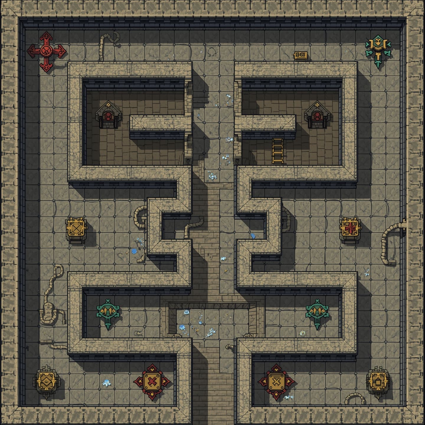 A top-down view maze with a floorplan style layout, featuring light-colored stone walls and floors, set in a fantasy RPG environment, with intricate details and pathways, including staircases, doors, and rooms, all rendered in a colorful and vibrant aesthetic, with a mix of curved and straight lines, and various shapes and symbols, such as arrows, crosses, and other mythic markings, to create a sense of adventure and exploration, with the overall design resembling a classic dungeon map, complete with hidden passages, secret doors, and mysterious chambers, all waiting to be discovered by brave heroes and intrepid explorers.