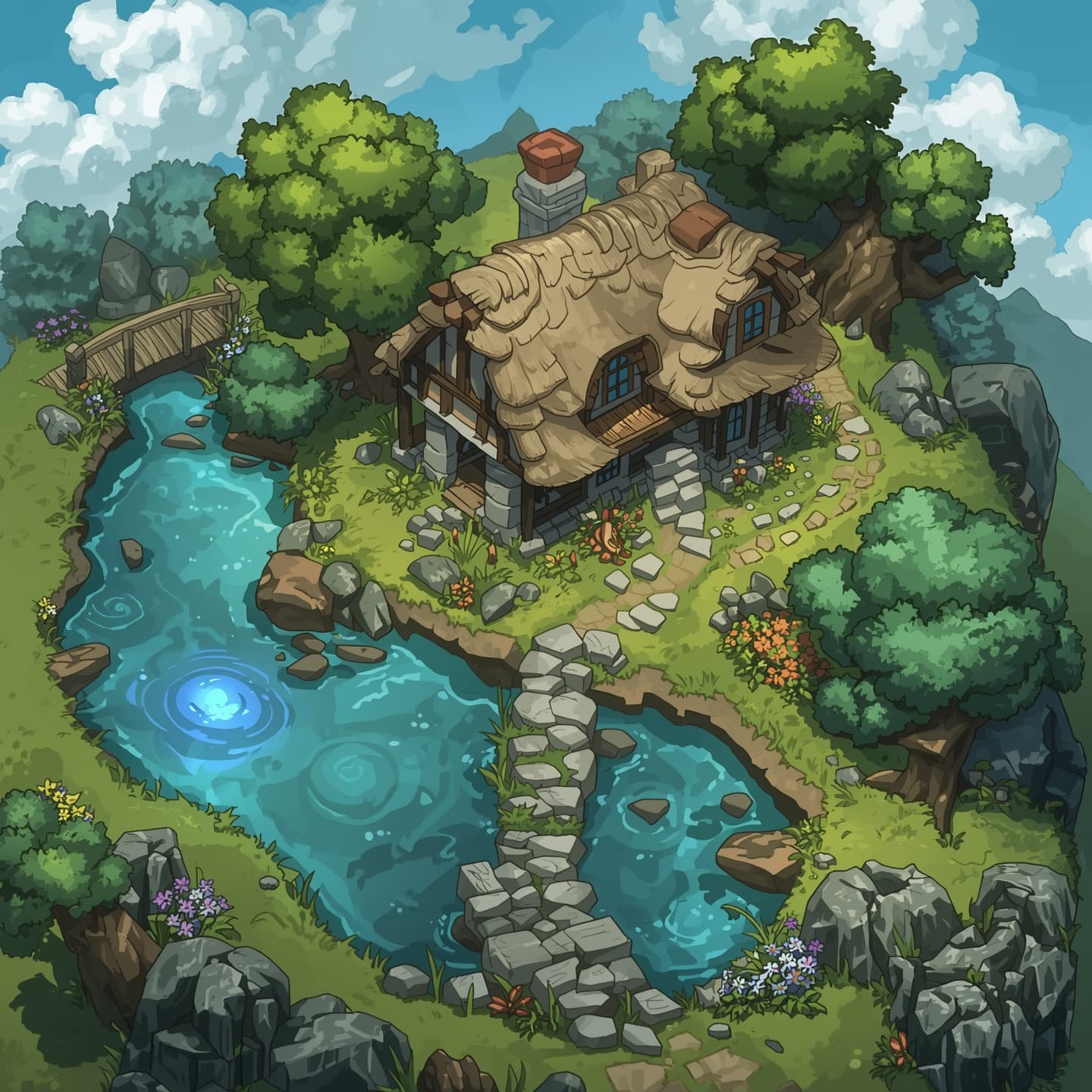 A serene house situated next to a tranquil pond, presented in a detailed floorplan view, with light beige and soft gray coloring, designed for a fantasy role-playing game, serving as a dungeon map, featuring a thatched roof, wooden beams, and a winding stone path leading to the entrance, surrounded by lush greenery and vibrant flowers, with a few trees and a small wooden bridge crossing over the pond, under a clear blue sky with fluffy white clouds, incorporating fantasy elements such as a subtle glow emanating from the windows and a magical aura surrounding the house.