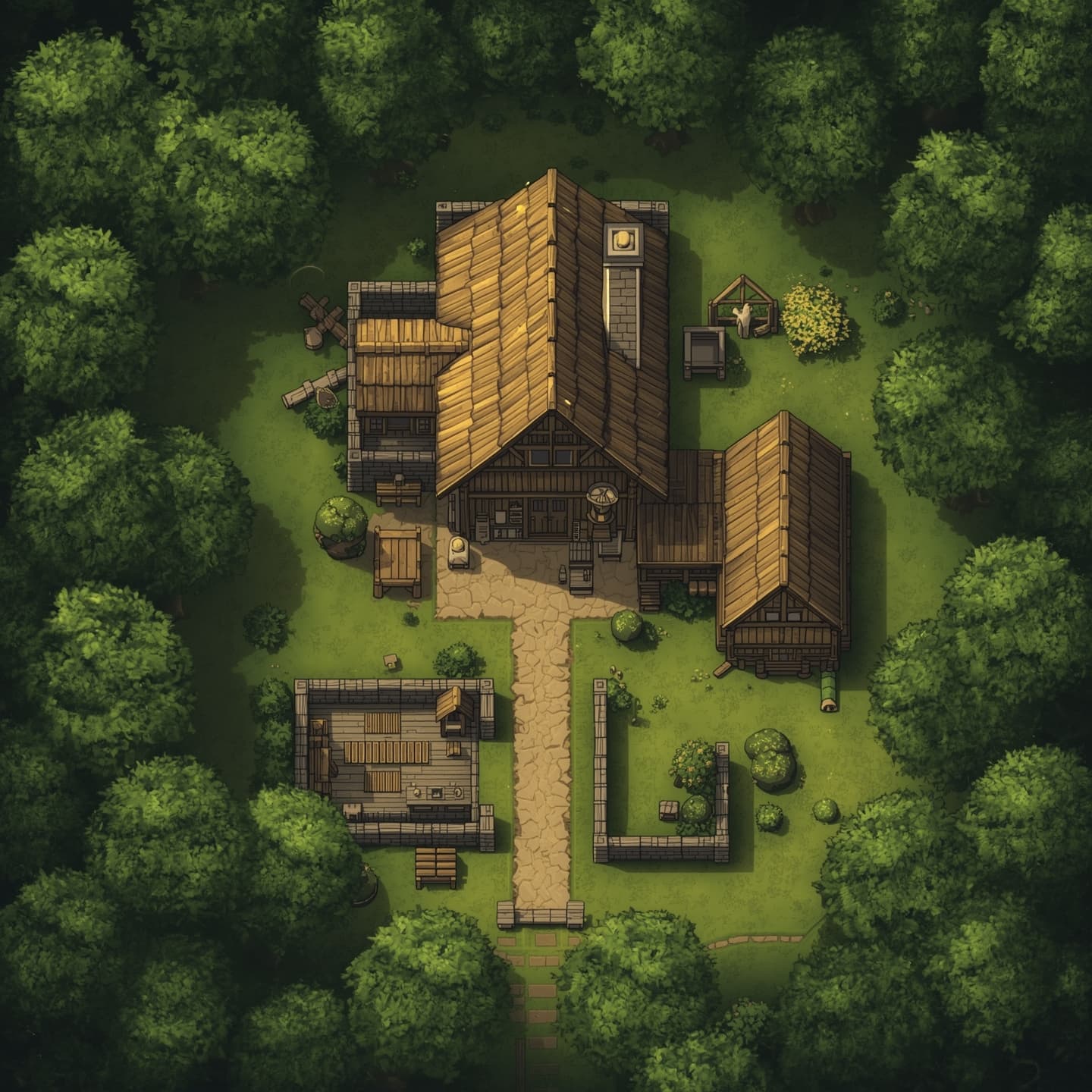 A serene farmhouse situated in the heart of a dense forest, presented in a top-down floorplan view, with a predominantly light color scheme, intended for a fantasy role-playing game encounter map, set amidst a lush forest with trees surrounding the farmhouse, featuring a thatched roof, wooden beams, and a central chimney, with various rooms and areas such as a kitchen, living room, and bedrooms, and possibly including outdoor features like a garden, well, or barn, all carefully crafted to create an immersive environment for players to explore and interact with.