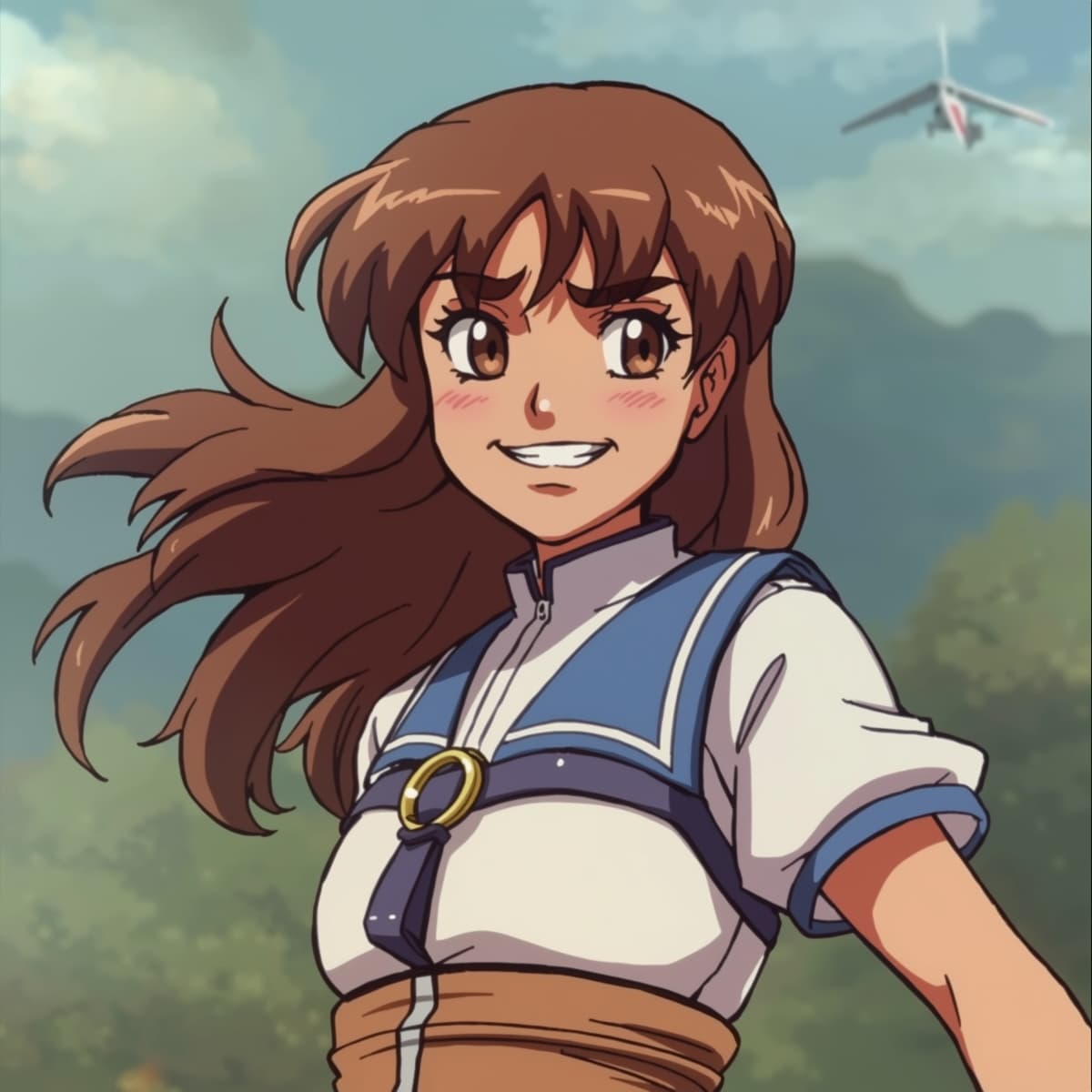 Nausicaa, the determined princess from the Valley of the Wind, is depicted in a humorous and unexpected moment, letting out a fart, her face slightly flushed with a mix of embarrassment and innocence, her long brown hair flowing in the wind, wearing her iconic white and blue Mehve glider pilot suit, with a subtle sheen to the fabric, set against a soft, serene backdrop of the valley's lush green landscape, with the faint outline of the Mehve glider in the distance, the overall mood is lighthearted and playful, with a touch of whimsy, Nausicaa's eyes are cast downward, her eyebrows slightly raised, and her lips pursed, as if trying to stifle a giggle, her skin has a warm, golden undertone, and her expression is one of sheepish amusement.