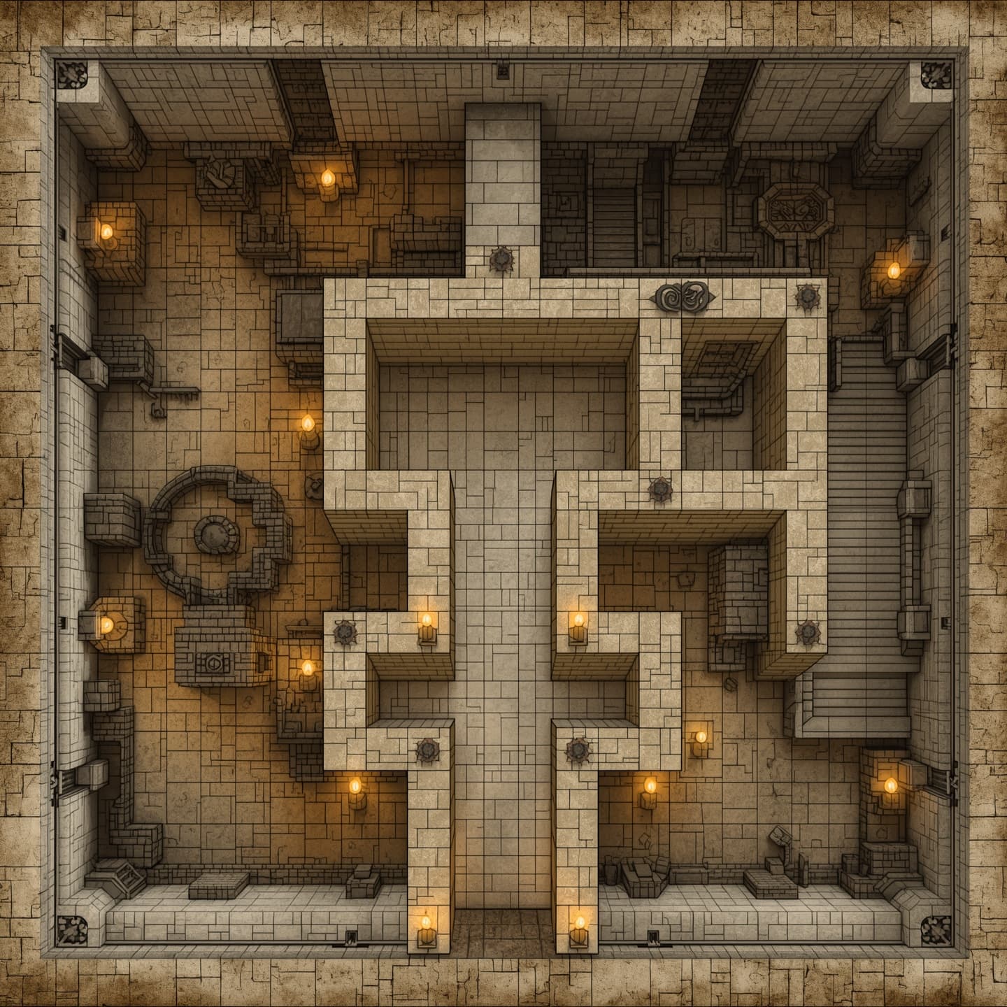 A intricately detailed dwarven mine with multiple interconnected chambers, presented in a top-down floorplan view, featuring light earthy coloring, specifically beige and gray stone walls, with accents of warm golden torchlight, designed for a fantasy role-playing game, the dungeon map includes various rooms such as a grand entrance hall, narrow tunnels, and large caverns, with subtle texture and shading to give a sense of depth and history, the overall aesthetic is one of ancient sturdy craftsmanship, with a sense of mystery and adventure, the map is complete with subtle grid lines and minimal labeling to allow for easy navigation and storytelling.