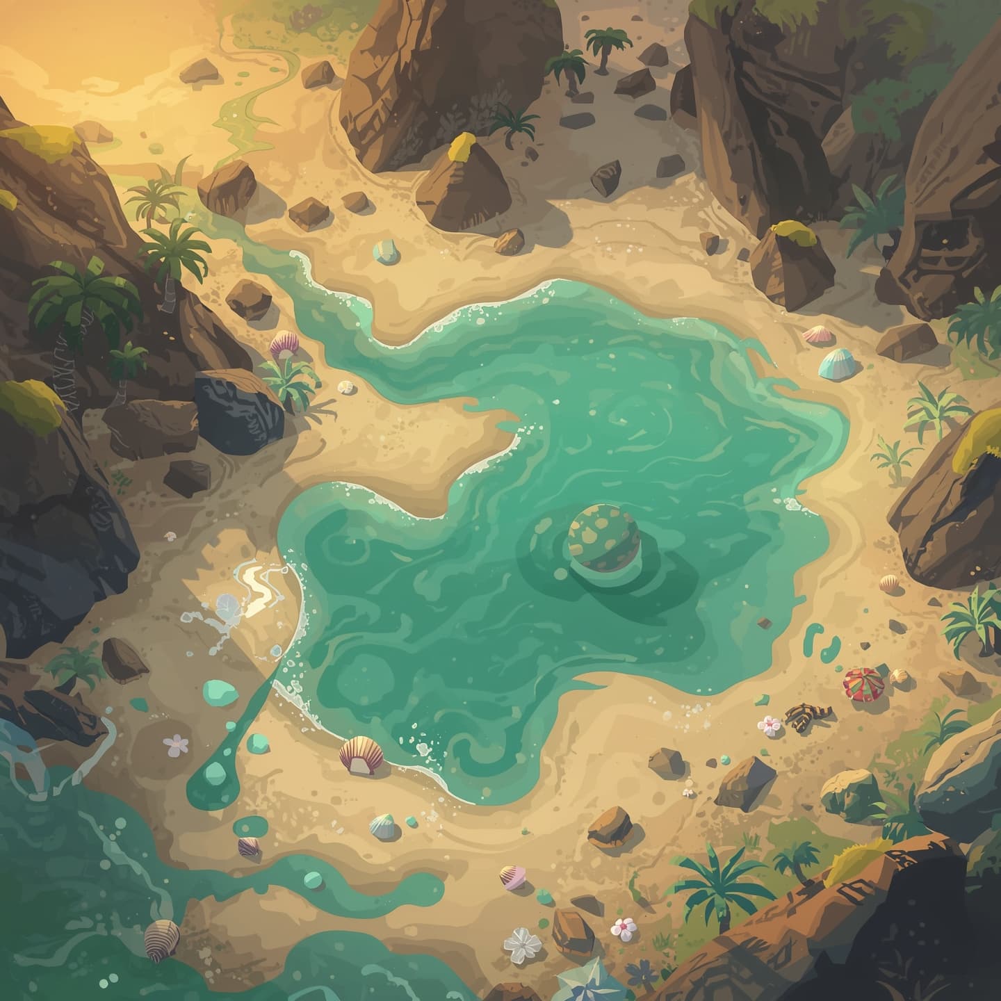 A serene magic beach in a floorplan view with soft, calming light coloring, designed for a fantasy role-playing game as an encounter map, featuring rolling dunes, scattered seashells, and mystical glowing plants, with a meandering shoreline and distant rock formations, all set against a warm, gradient sky with a few puffy white clouds, incorporating subtle texture and gentle shading to evoke an immersive and enchanting atmosphere.