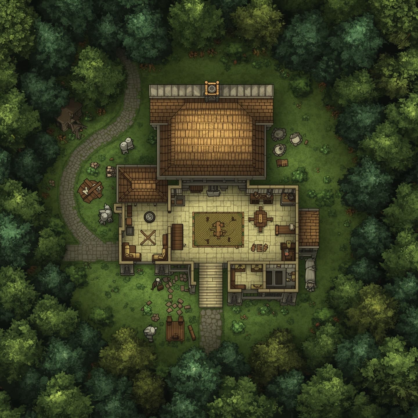 A serene farmhouse situated in the heart of a dense forest, presented in a top-down floorplan view, with a predominantly light color scheme, intended for a fantasy role-playing game encounter map, set amidst a lush forest with trees surrounding the farmhouse, featuring a thatched roof, wooden beams, and a central chimney, with various rooms and areas such as a kitchen, living room, and bedrooms, and possibly including outdoor features like a garden, well, or barn, all carefully crafted to create an immersive environment for players to explore and interact with.