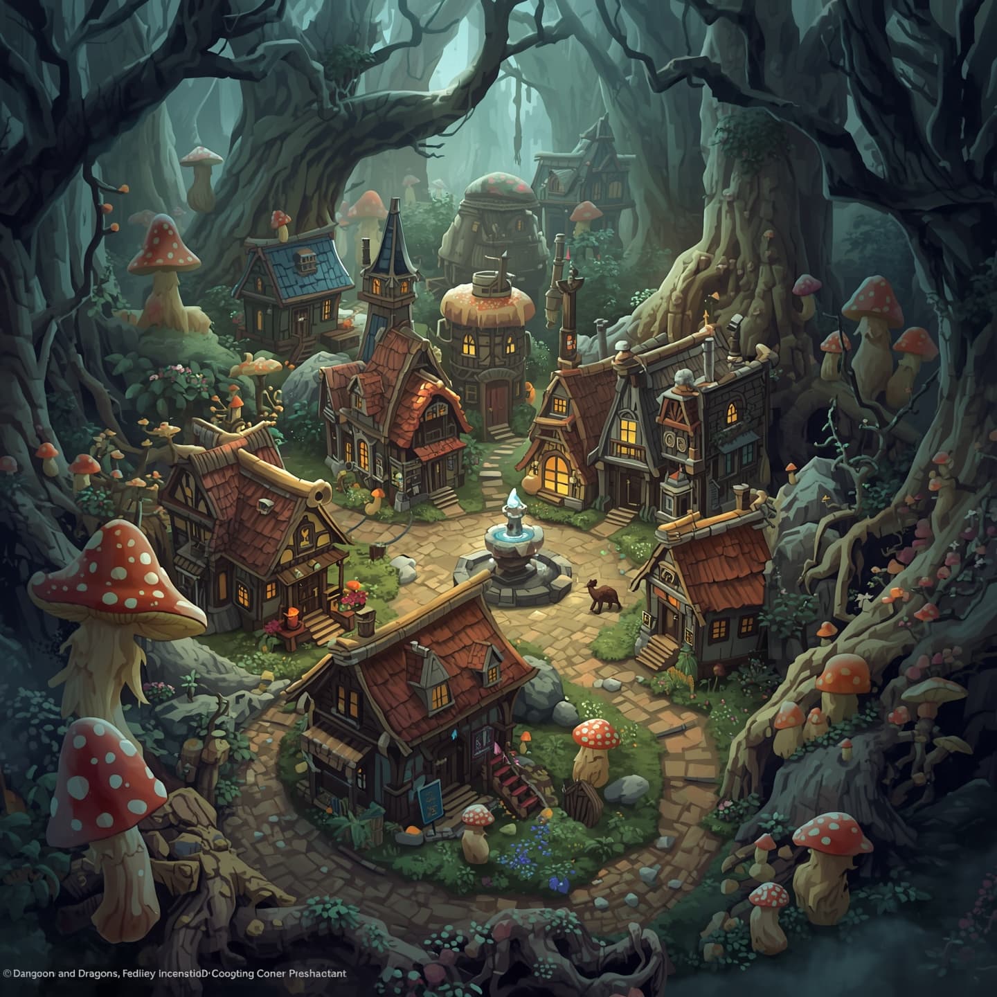 A intricately detailed map of a small mystical town nestled within a dense and vibrant mushroom forest, set amidst a fantasy realm, with winding dirt paths, glowing luminescent fungi, and twisted tree roots, featuring various shops, inns, and homes with steeply pitched roofs, all crafted from natural materials such as wood, stone, and thatch, surrounded by towering mushrooms of varying shapes and sizes, some with soft ethereal glows, under a warm and misty atmosphere, with the town's central square hosting a large stone fountain, for use in Dungeons and Dragons fantasy role-playing games.