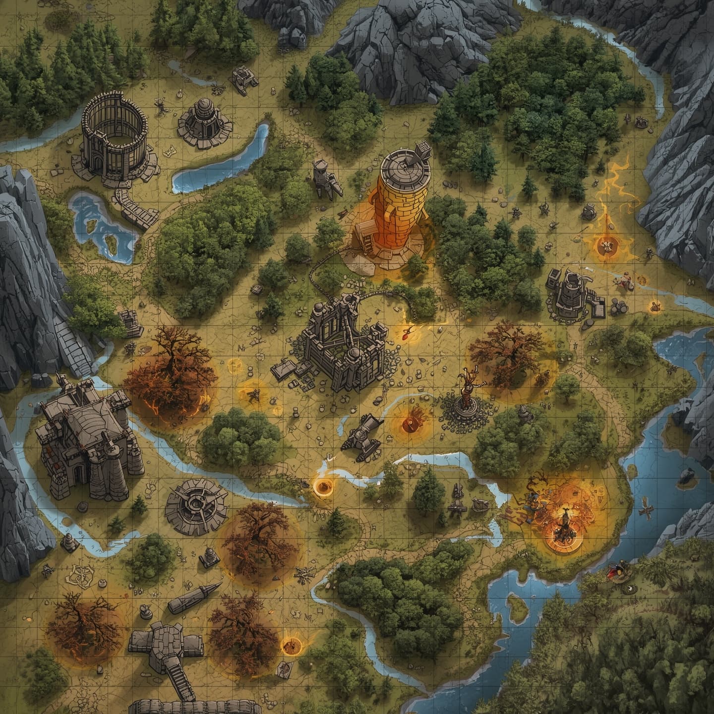 A highly detailed battlemap for Dungeons and Dragons, featuring a large grid with varied terrain such as forests, mountains, and rivers, set against a muted earthy color palette with touches of vibrant greens and blues, with a mix of fantasy elements like crumbling castle ruins, dragonfire-scorched trees, and mystical glowing runes, illuminated by a warm golden light, with a sense of depth and dimensionality, and plenty of space for miniature figures and character tokens, with visible paths and roads, and areas of foliage and rubble, all rendered in a classic fantasy art style with bold lines and intricate details.