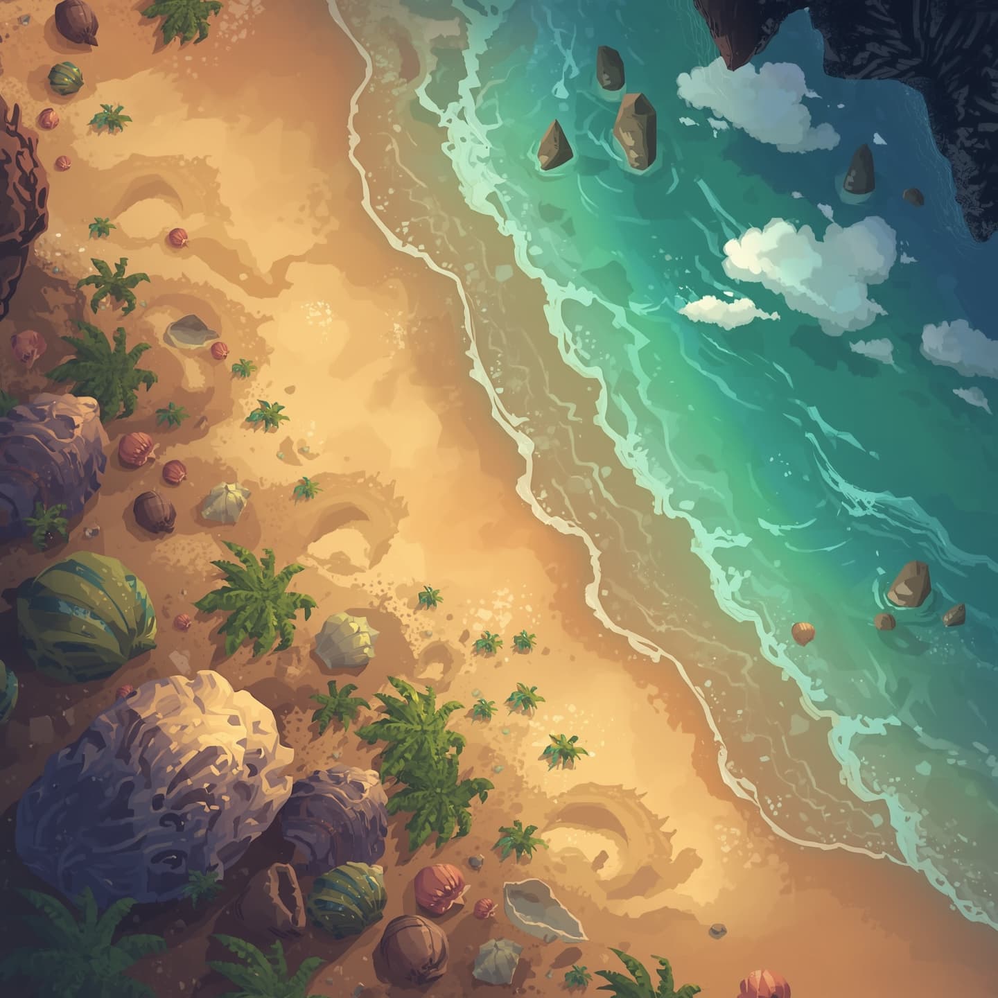 A serene magic beach in a floorplan view with soft, calming light coloring, designed for a fantasy role-playing game as an encounter map, featuring rolling dunes, scattered seashells, and mystical glowing plants, with a meandering shoreline and distant rock formations, all set against a warm, gradient sky with a few puffy white clouds, incorporating subtle texture and gentle shading to evoke an immersive and enchanting atmosphere.