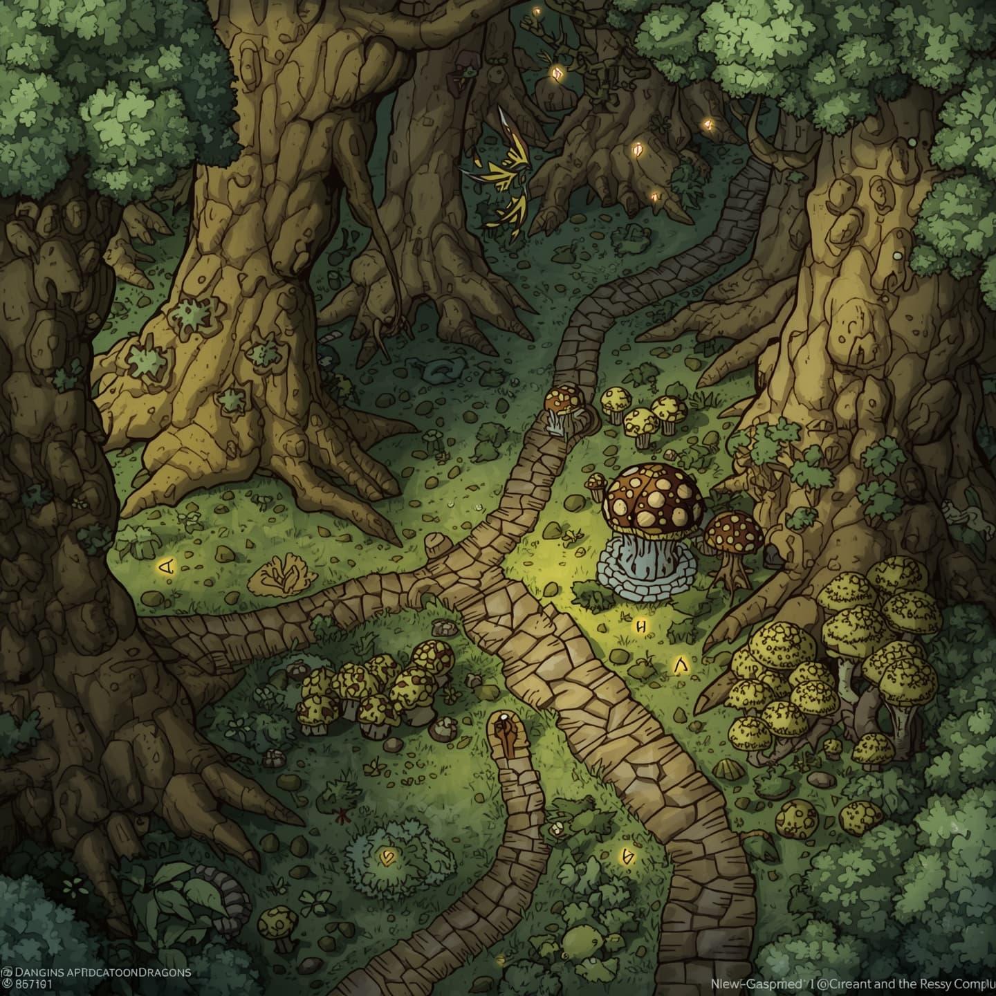 A detailed, illustrated map of a mystical mushroom forest, set in a fantasy realm, with towering fungal growths, twinkling fireflies, and meandering pathways, designed for use in Dungeons and Dragons, a fantasy role-playing game, featuring earthy tones, with moss-covered tree trunks, glowing mushrooms, and vibrant green foliage, under a warm, sunset-like light, with a sense of adventure and discovery, including various symbols, markings, and landmarks, such as glowing runes, ancient ruins, and hidden clearings, all meticulously crafted to transport players to an immersive and enchanting world.