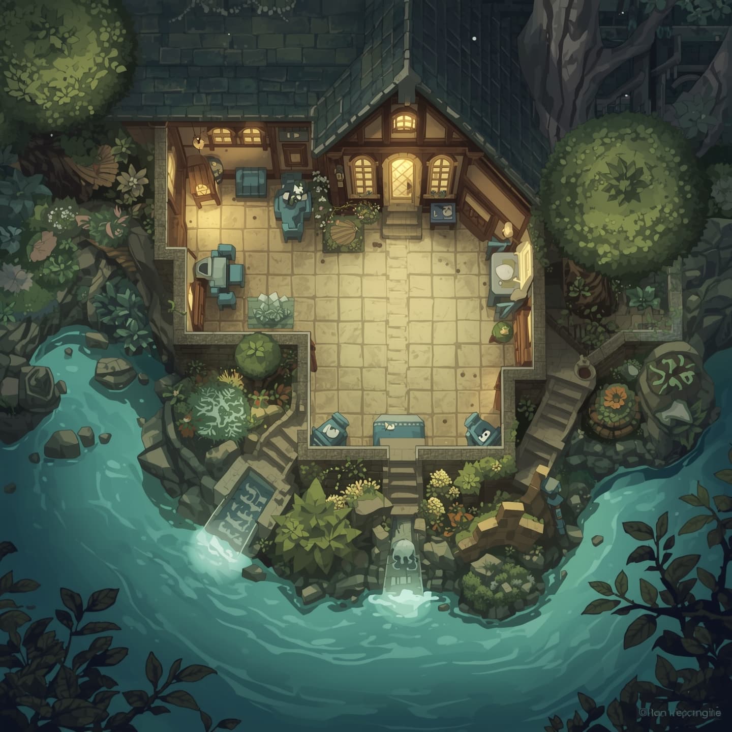 A serene magic lakehouse in a floorplan view with soft light coloring, set amidst a mystical atmosphere, intended for a fantasy role-playing game encounter map, featuring gentle water lapping at the foundation, with subtle magical glow accents and delicate wooden beams, surrounded by lush greenery and vibrant flora, incorporating a sense of wonder and enchantment, with a warm and inviting color palette, including creamy whites, pale blues, and muted greens, and a stylized layout that emphasizes exploration and discovery.