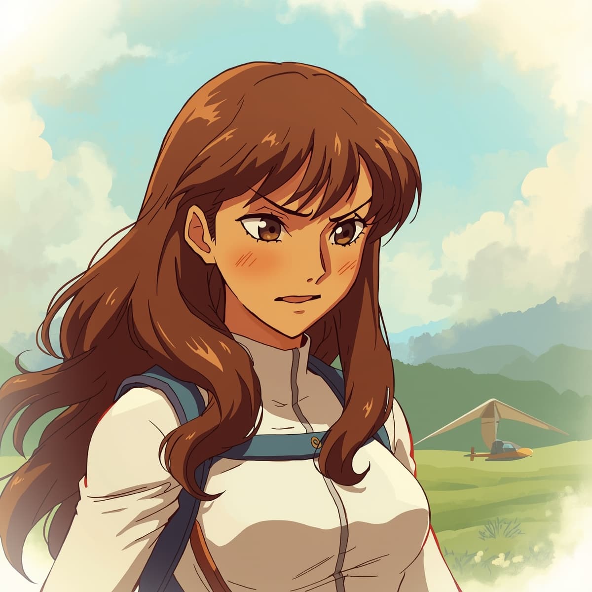 Nausicaa, the determined princess from the Valley of the Wind, is depicted in a humorous and unexpected moment, letting out a fart, her face slightly flushed with a mix of embarrassment and innocence, her long brown hair flowing in the wind, wearing her iconic white and blue Mehve glider pilot suit, with a subtle sheen to the fabric, set against a soft, serene backdrop of the valley's lush green landscape, with the faint outline of the Mehve glider in the distance, the overall mood is lighthearted and playful, with a touch of whimsy, Nausicaa's eyes are cast downward, her eyebrows slightly raised, and her lips pursed, as if trying to stifle a giggle, her skin has a warm, golden undertone, and her expression is one of sheepish amusement.