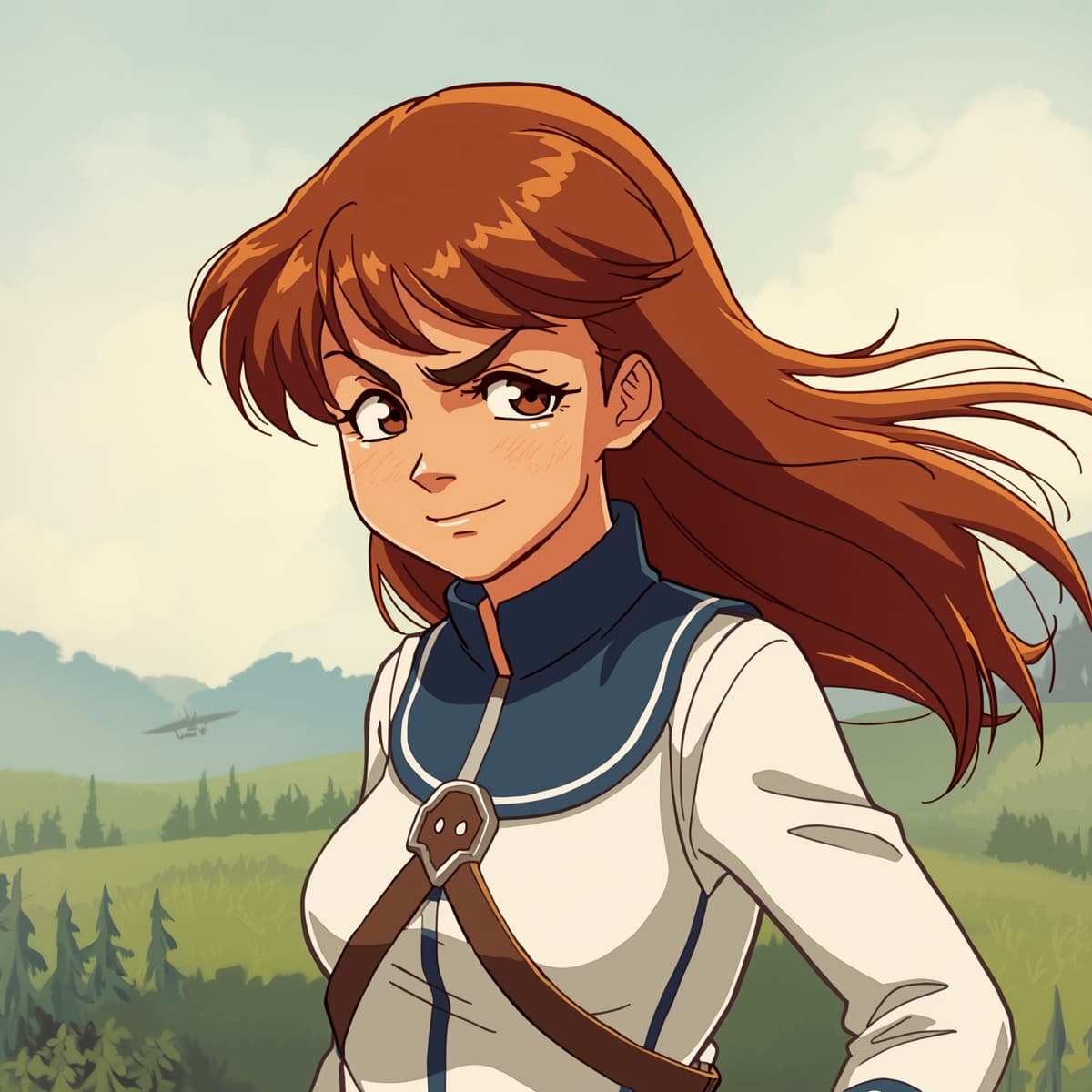 Nausicaa, the determined princess from the Valley of the Wind, is depicted in a humorous and unexpected moment, letting out a fart, her face slightly flushed with a mix of embarrassment and innocence, her long brown hair flowing in the wind, wearing her iconic white and blue Mehve glider pilot suit, with a subtle sheen to the fabric, set against a soft, serene backdrop of the valley's lush green landscape, with the faint outline of the Mehve glider in the distance, the overall mood is lighthearted and playful, with a touch of whimsy, Nausicaa's eyes are cast downward, her eyebrows slightly raised, and her lips pursed, as if trying to stifle a giggle, her skin has a warm, golden undertone, and her expression is one of sheepish amusement.