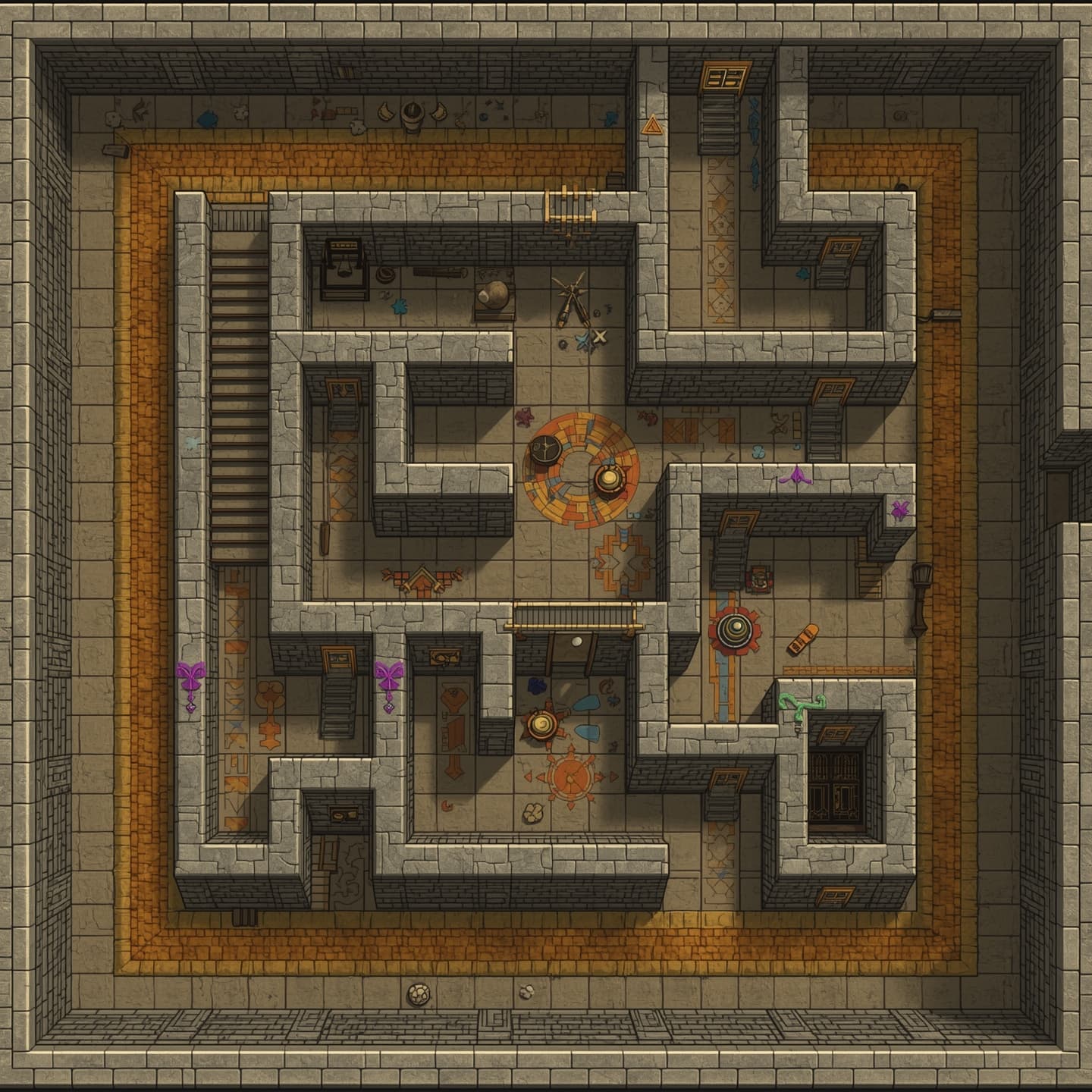 A top-down view maze with a floorplan style layout, featuring light-colored stone walls and floors, set in a fantasy RPG environment, with intricate details and pathways, including staircases, doors, and rooms, all rendered in a colorful and vibrant aesthetic, with a mix of curved and straight lines, and various shapes and symbols, such as arrows, crosses, and other mythic markings, to create a sense of adventure and exploration, with the overall design resembling a classic dungeon map, complete with hidden passages, secret doors, and mysterious chambers, all waiting to be discovered by brave heroes and intrepid explorers.