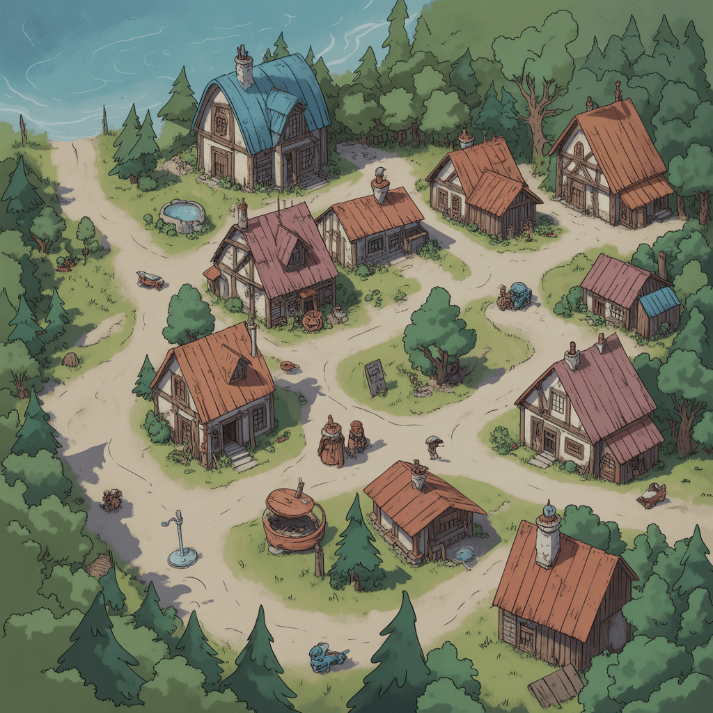 A map of a small town in the woods, for Dungeons and Dragons, fantasy rpg