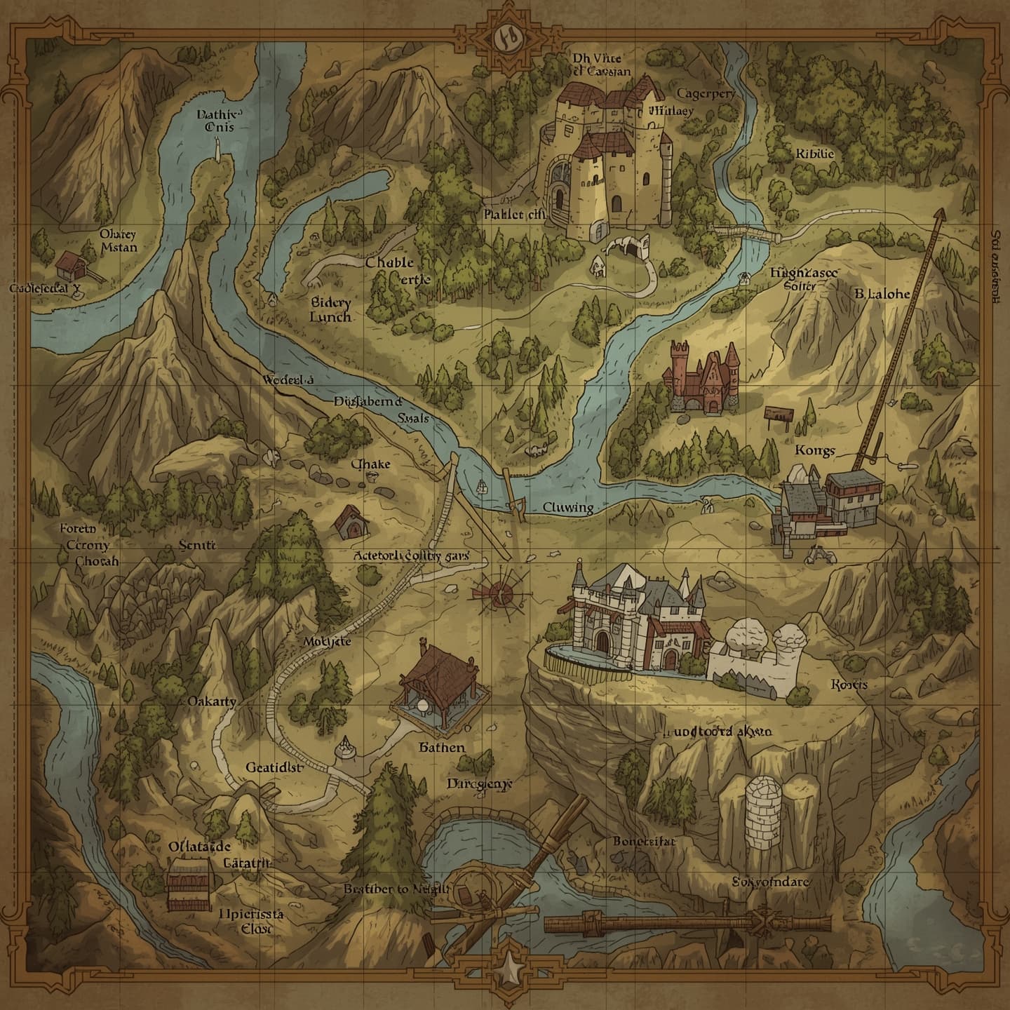 A highly detailed battlemap for Dungeons and Dragons, featuring a medieval fantasy setting with rolling hills, dense forests, and a meandering river, set against a warm and muted color palette with earthy tones, the map itself is illustrated in a traditional hand-drawn style with bold lines and intricate textures, including various landmarks and points of interest such as a crumbling castle, a bustling village, and a long-abandoned mine, with a grid overlay to facilitate gameplay, and a mix of natural and man-made obstacles and challenges to navigate, all rendered in a visually stunning and immersive style.