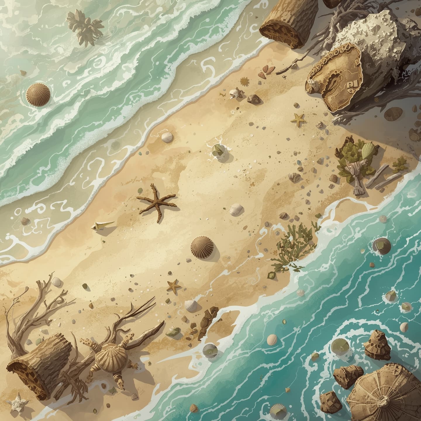 A sprawling beach landscape in a floorplan view, set against a soft and serene light-colored backdrop, designed for a fantasy role-playing game encounter map, infused with magical elements, featuring gentle waves, scattered seashells, and driftwood, with a subtle misty atmosphere, and a warm color palette, including shades of beige, pale blue, and creamy white, inviting exploration and discovery, with intricate details and textures, and a sense of mystique and wonder, perfect for a fantasy RPG encounter.