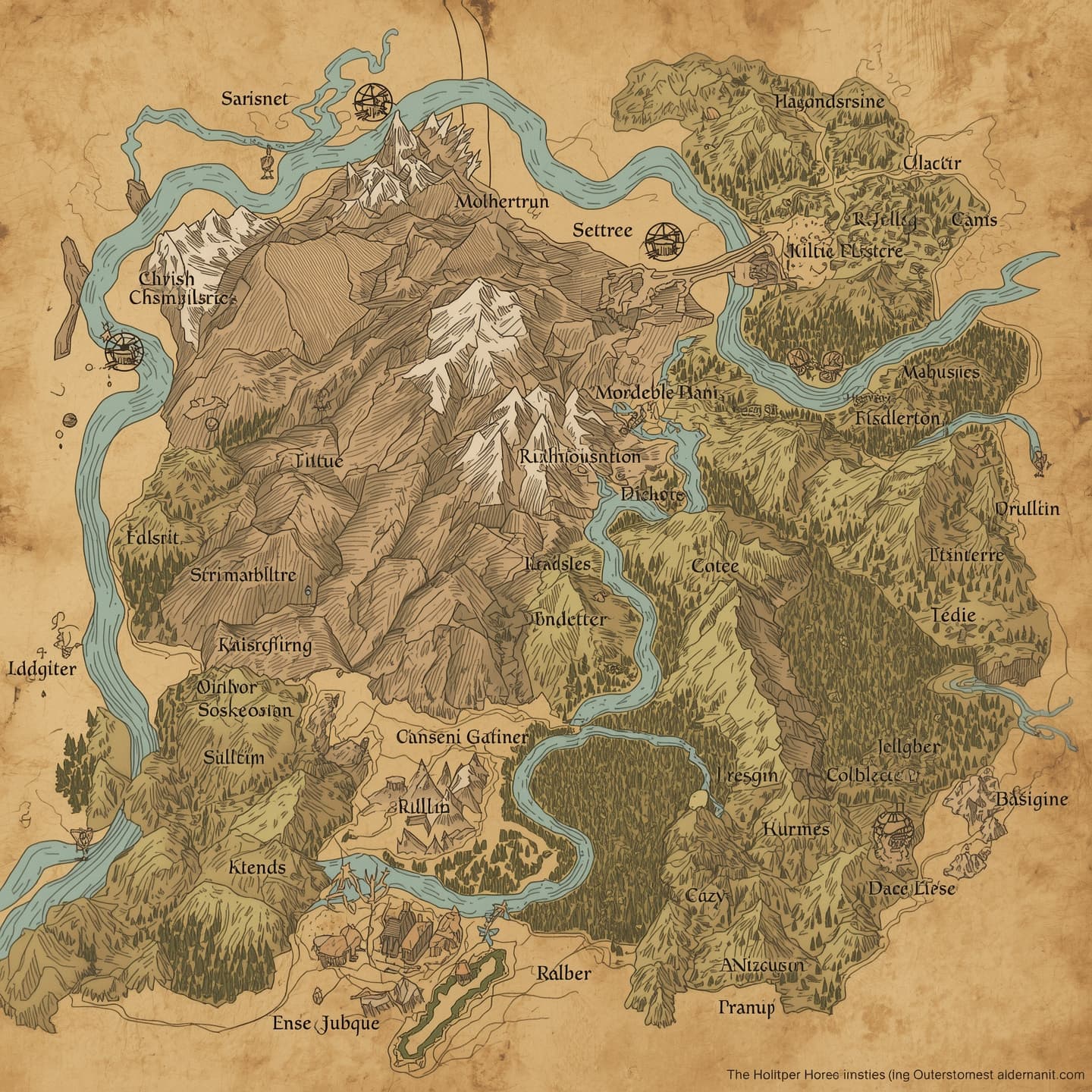 A hand-drawn regional map for Dungeons and Dragons, featuring rolling hills, dense forests, majestic mountains, and winding rivers, with no labels or markings, showcasing a medieval fantasy world with intricate details, subtle shading, and earthy tones, set against a parchment-like background with a classic, adventure-inspired aesthetic, incorporating traditional cartographic elements, and inviting exploration and discovery.