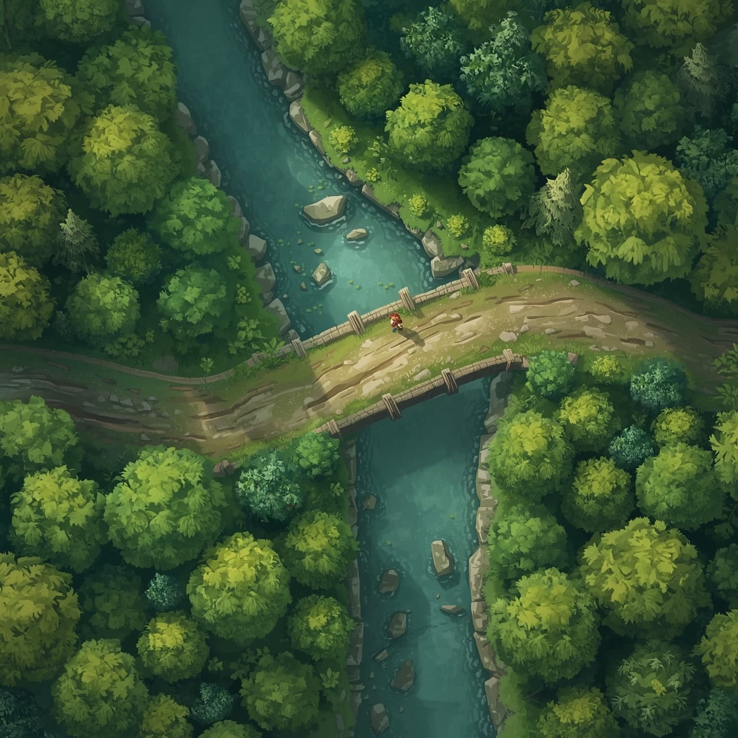 A serene river crossing in a dense forest, viewed from directly above, with a light and airy color palette, intended for a fantasy role-playing game encounter map, set amidst a lush forest with trees of varying shades of green, their canopies a gentle mix of ferns and leaves, the river's gentle flow visible as it winds its way through the landscape, with perhaps a few rocks or fallen logs submerged just beneath the surface, and a meandering dirt path that leads adventurers across the water, all rendered in a fantastical and dreamlike quality, with soft, feathery textures and an abundance of natural details, inviting players to explore this enchanting environment.