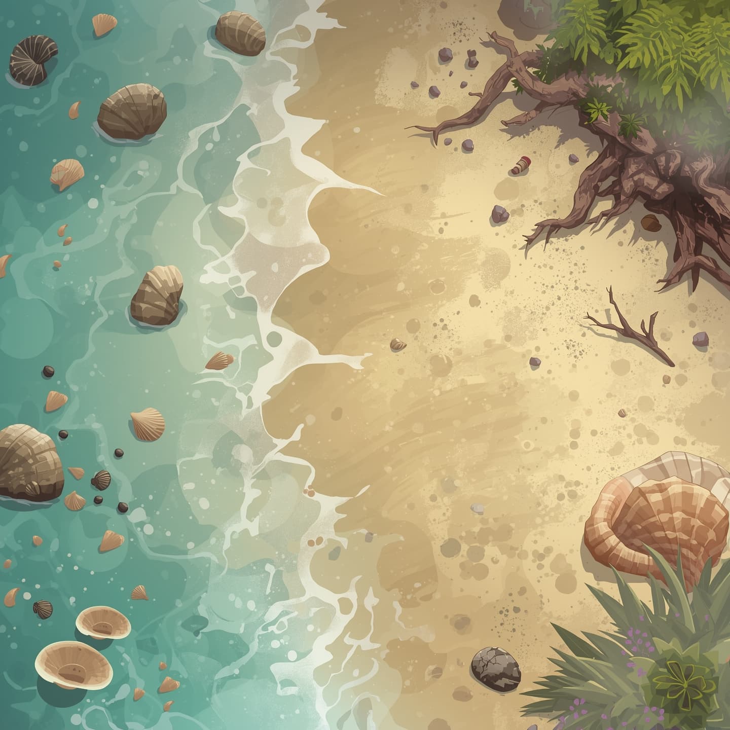 A sprawling beach landscape in a floorplan view, set against a soft and serene light-colored backdrop, designed for a fantasy role-playing game encounter map, infused with magical elements, featuring gentle waves, scattered seashells, and driftwood, with a subtle misty atmosphere, and a warm color palette, including shades of beige, pale blue, and creamy white, inviting exploration and discovery, with intricate details and textures, and a sense of mystique and wonder, perfect for a fantasy RPG encounter.
