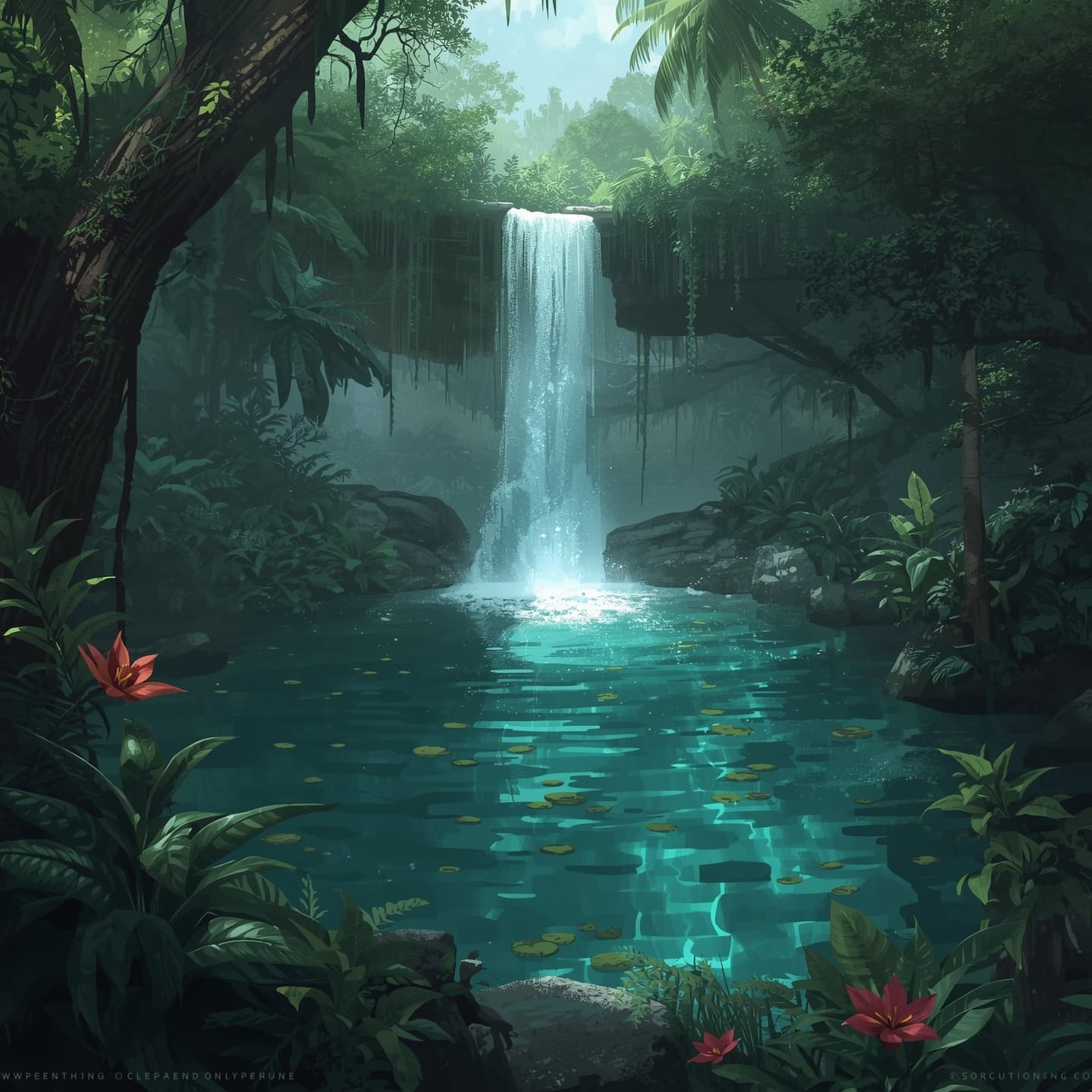 A serene tropical waterfall cascades into a crystal-clear pond, viewed from directly above, with a soft and calming light coloring, designed for a fantasy role-playing game encounter map, featuring magical elements, lush green foliage, and vibrant exotic flowers, with a sense of mystique and wonder, the waterfall's gentle mist rises into the air, surrounded by towering trees and a subtle hint of sparkling mist, the pond's surface reflects the dappled shade of the trees, creating a sense of depth and tranquility, inviting exploration and discovery.