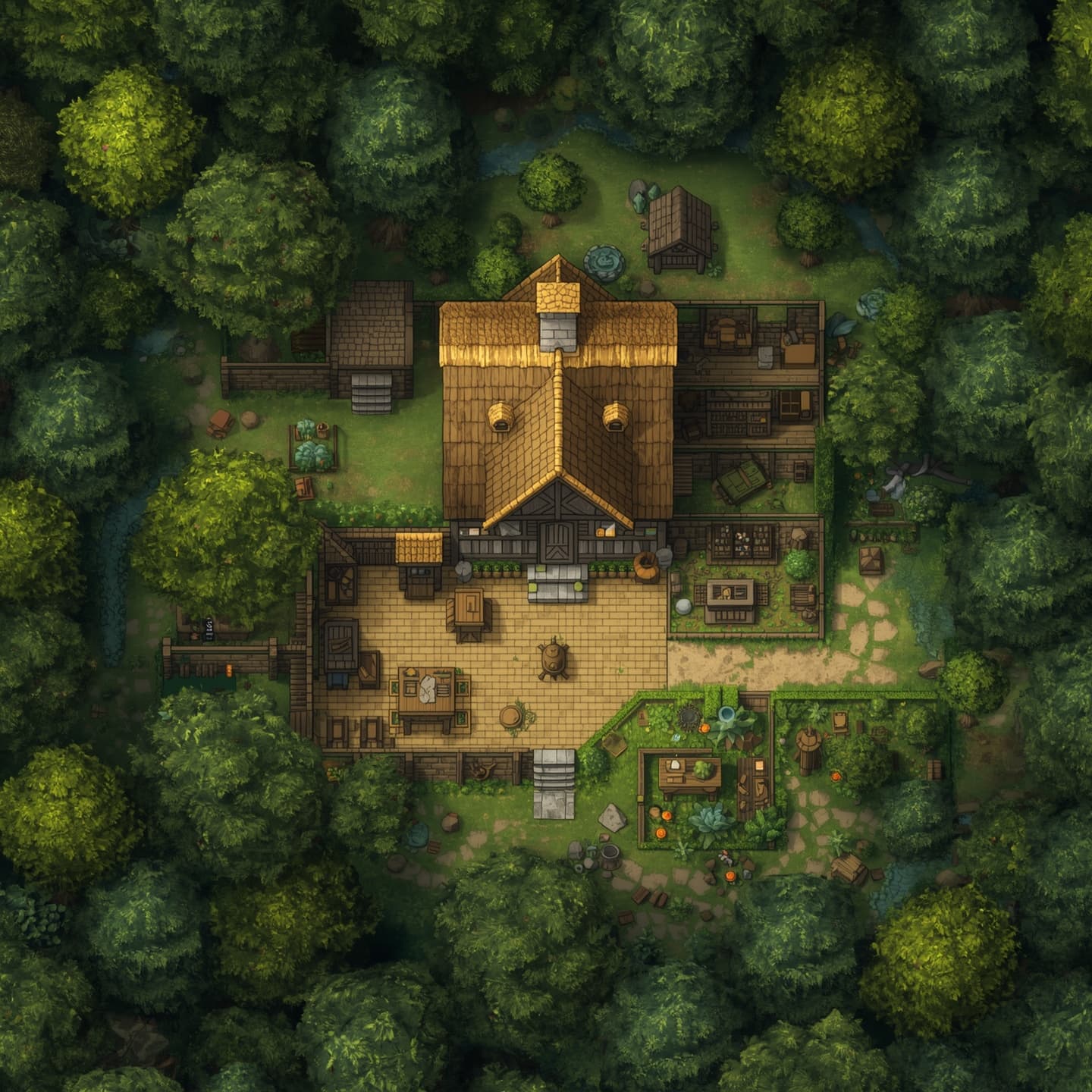 A serene farmhouse situated in the heart of a dense forest, presented in a top-down floorplan view, with a predominantly light color scheme, intended for a fantasy role-playing game encounter map, set amidst a lush forest with trees surrounding the farmhouse, featuring a thatched roof, wooden beams, and a central chimney, with various rooms and areas such as a kitchen, living room, and bedrooms, and possibly including outdoor features like a garden, well, or barn, all carefully crafted to create an immersive environment for players to explore and interact with.