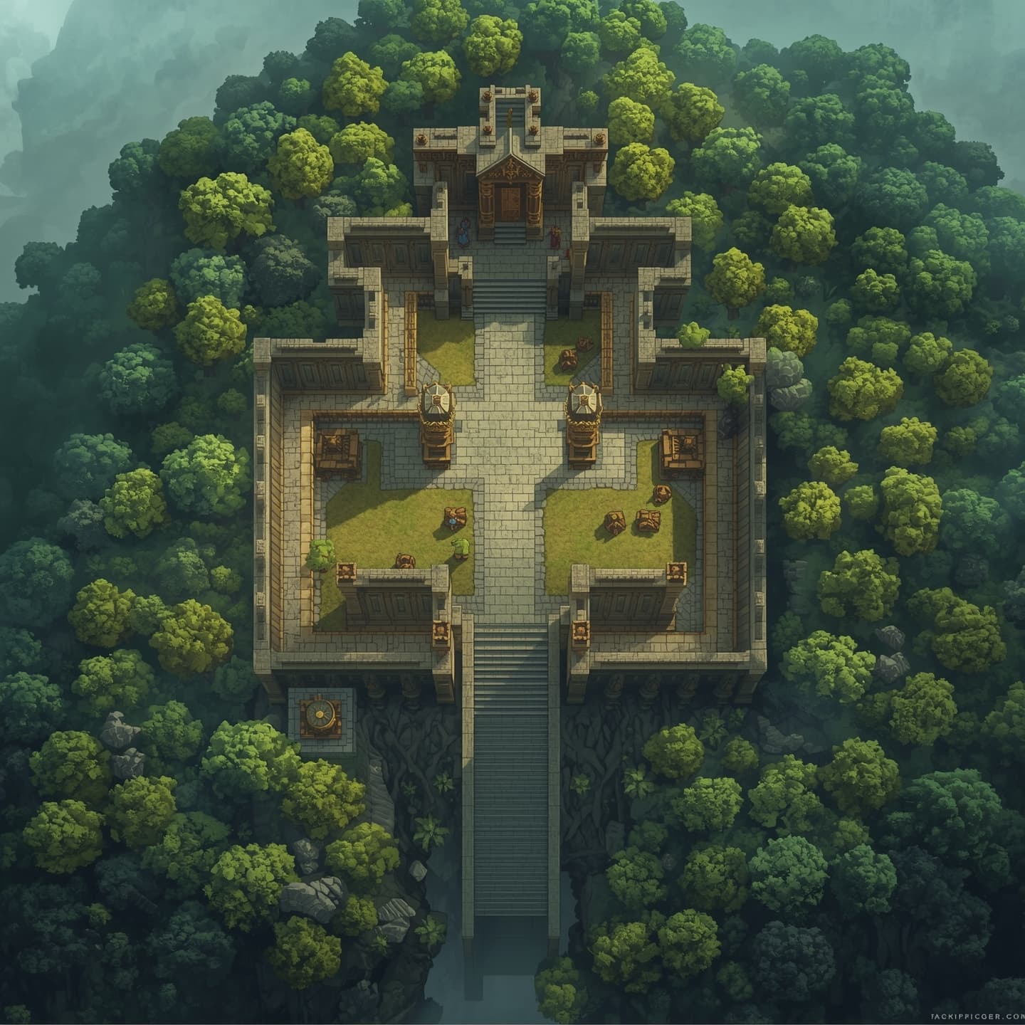 A sprawling temple complex situated atop a densely forested hill, presented in a top-down floorplan view, with a predominantly light color palette, intended for use as an encounter map in a fantasy role-playing game, featuring intricate stone pathways, grand entrance halls, and ornate sanctuaries, surrounded by a lush canopy of trees with varying shades of green, and incorporating subtle texture details to evoke a sense of ancient mystique and forgotten lore.