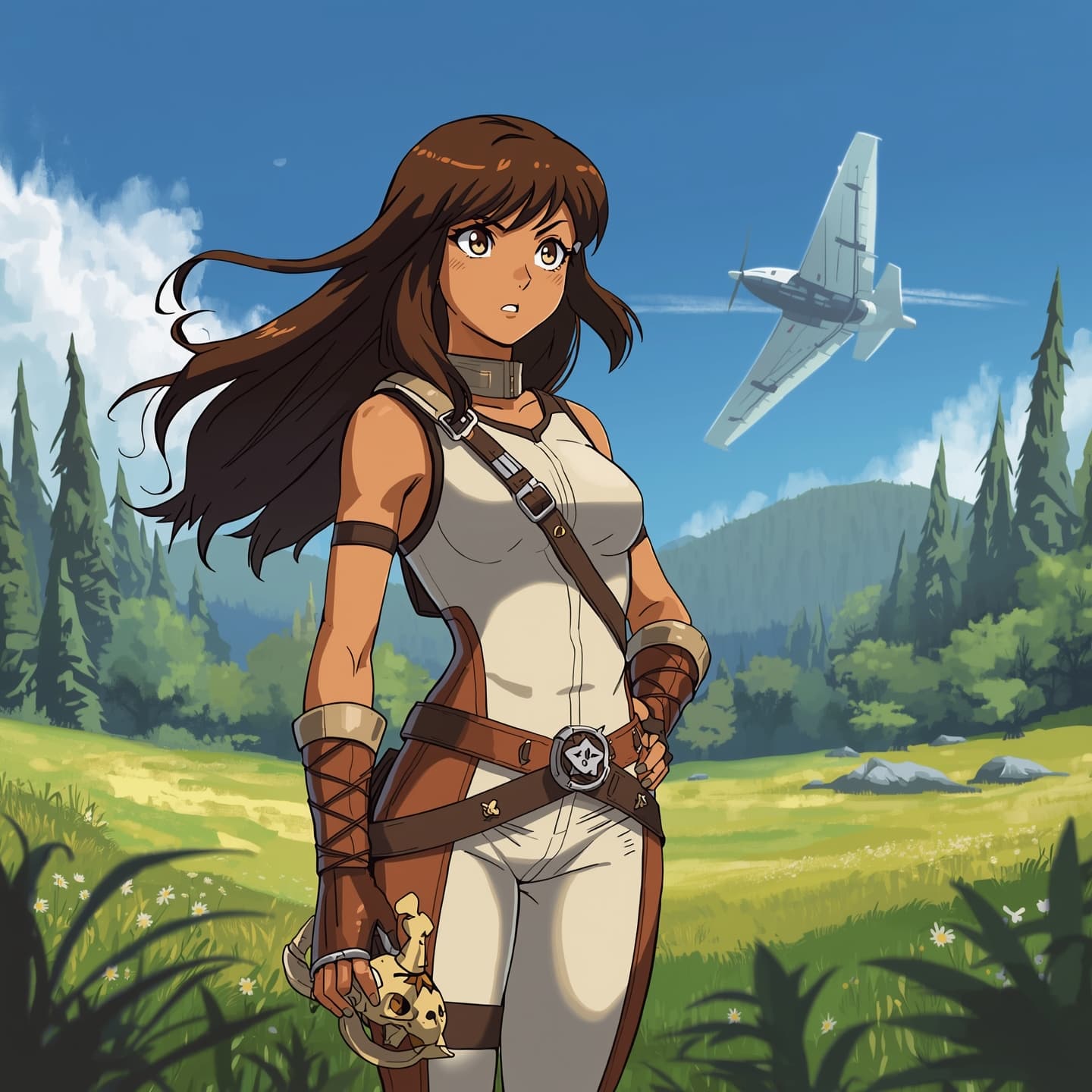 Nausicaa, a determined and courageous princess from a post-apocalyptic world, standing in a serene and vibrant meadow filled with towering trees and lush greenery, wearing a sleek white and brown pilot suit, her long brown hair flowing in the wind, her bright brown eyes shining with a mix of wonder and concern, her skin a warm sun-kissed beige, holding a delicate and intricate mask in her hand, with a majestic glider looming in the background, set against a clear blue sky with a few wispy clouds, the atmosphere filled with a sense of adventure and harmony with nature.