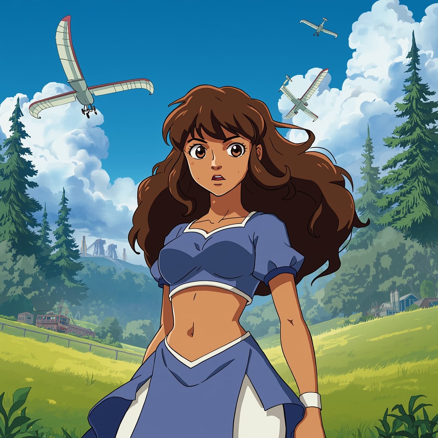 Nausicaa, the brave princess of the Valley of the Wind, standing in a lush meadow surrounded by tall trees and majestic gliders, wearing her iconic blue and white outfit with a determined expression on her strong, heart-shaped face, her long, curly brown hair flowing in the wind, her bright, inquisitive brown eyes sparkling with a sense of adventure, her skin a warm, sun-kissed beige, with a few loose strands of hair framing her face, set against a serene, natural backdrop with a clear blue sky and fluffy white clouds, with a hint of industrial machinery and technology in the distance, blending seamlessly into the organic environment, conveying a sense of harmony between nature and human innovation.