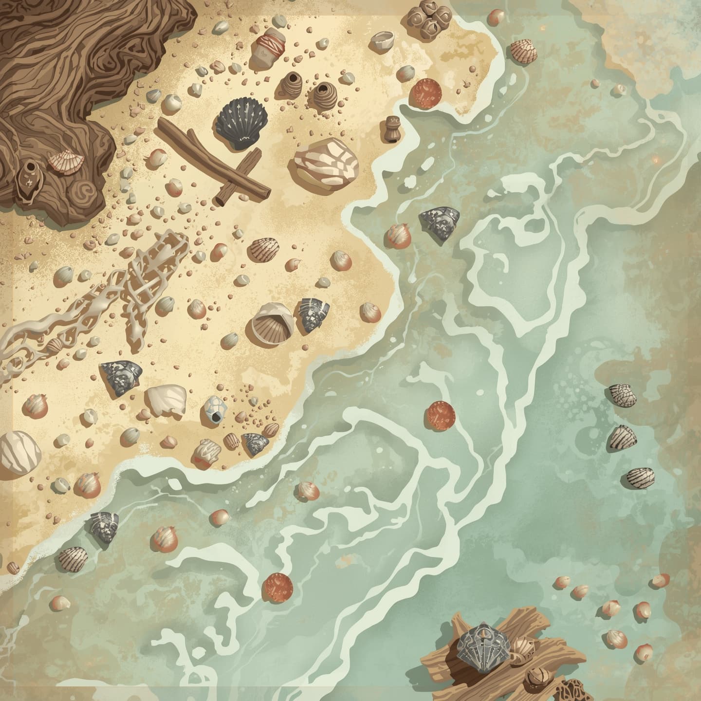 A sprawling beach landscape in a floorplan view, set against a soft and serene light-colored backdrop, designed for a fantasy role-playing game encounter map, infused with magical elements, featuring gentle waves, scattered seashells, and driftwood, with a subtle misty atmosphere, and a warm color palette, including shades of beige, pale blue, and creamy white, inviting exploration and discovery, with intricate details and textures, and a sense of mystique and wonder, perfect for a fantasy RPG encounter.