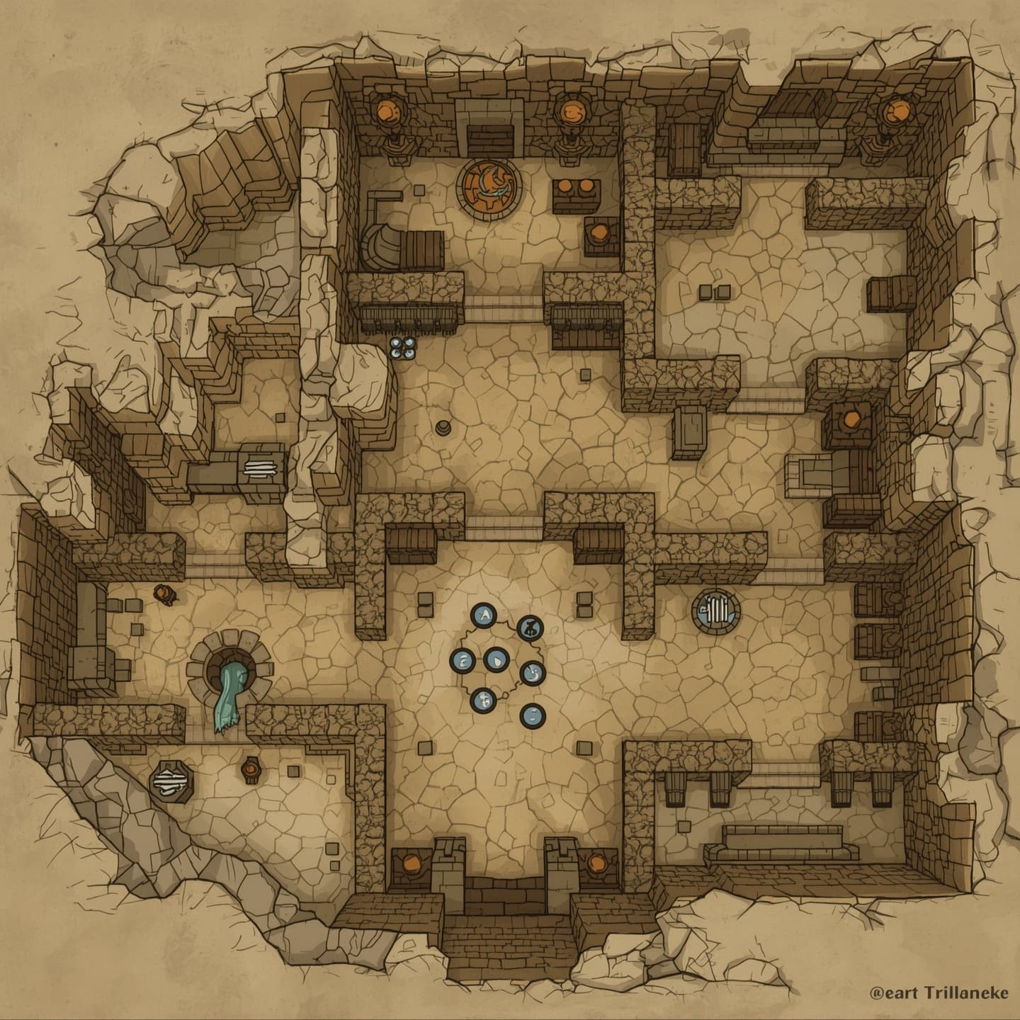 A sprawling ogre cave with multiple interconnected chambers, presented in a top-down floorplan view, featuring light beige and sandy hues, adorned with fantastical elements suitable for a fantasy role-playing game, with intricate stone carvings and torch holders, the dungeon map showcasing uneven stone walls, rough-hewn pillars, and passageways, with subtle variations in shading to convey depth and texture, inviting exploration and adventure, the overall aesthetic evoking a sense of ancient, mystical power, with areas of interest and potential encounter points clearly delineated, and a clear, easy-to-follow layout, perfect for guiding players through the twisting tunnels and mysterious spaces of the ogre's underground lair.