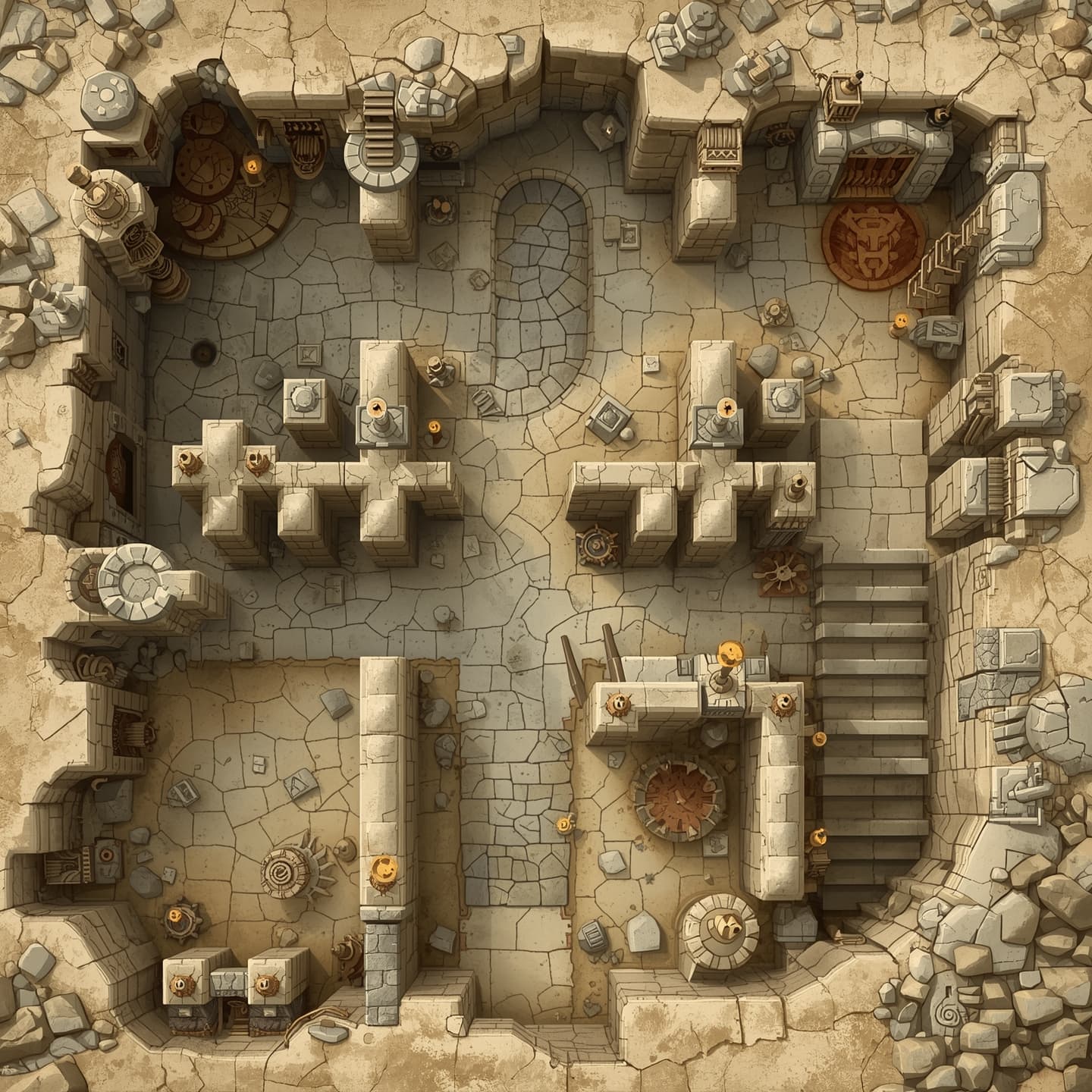 A sprawling ogre cave with multiple interconnected chambers, presented in a top-down floorplan view, featuring light beige and sandy hues, adorned with fantastical elements suitable for a fantasy role-playing game, with intricate stone carvings and torch holders, the dungeon map showcasing uneven stone walls, rough-hewn pillars, and passageways, with subtle variations in shading to convey depth and texture, inviting exploration and adventure, the overall aesthetic evoking a sense of ancient, mystical power, with areas of interest and potential encounter points clearly delineated, and a clear, easy-to-follow layout, perfect for guiding players through the twisting tunnels and mysterious spaces of the ogre's underground lair.