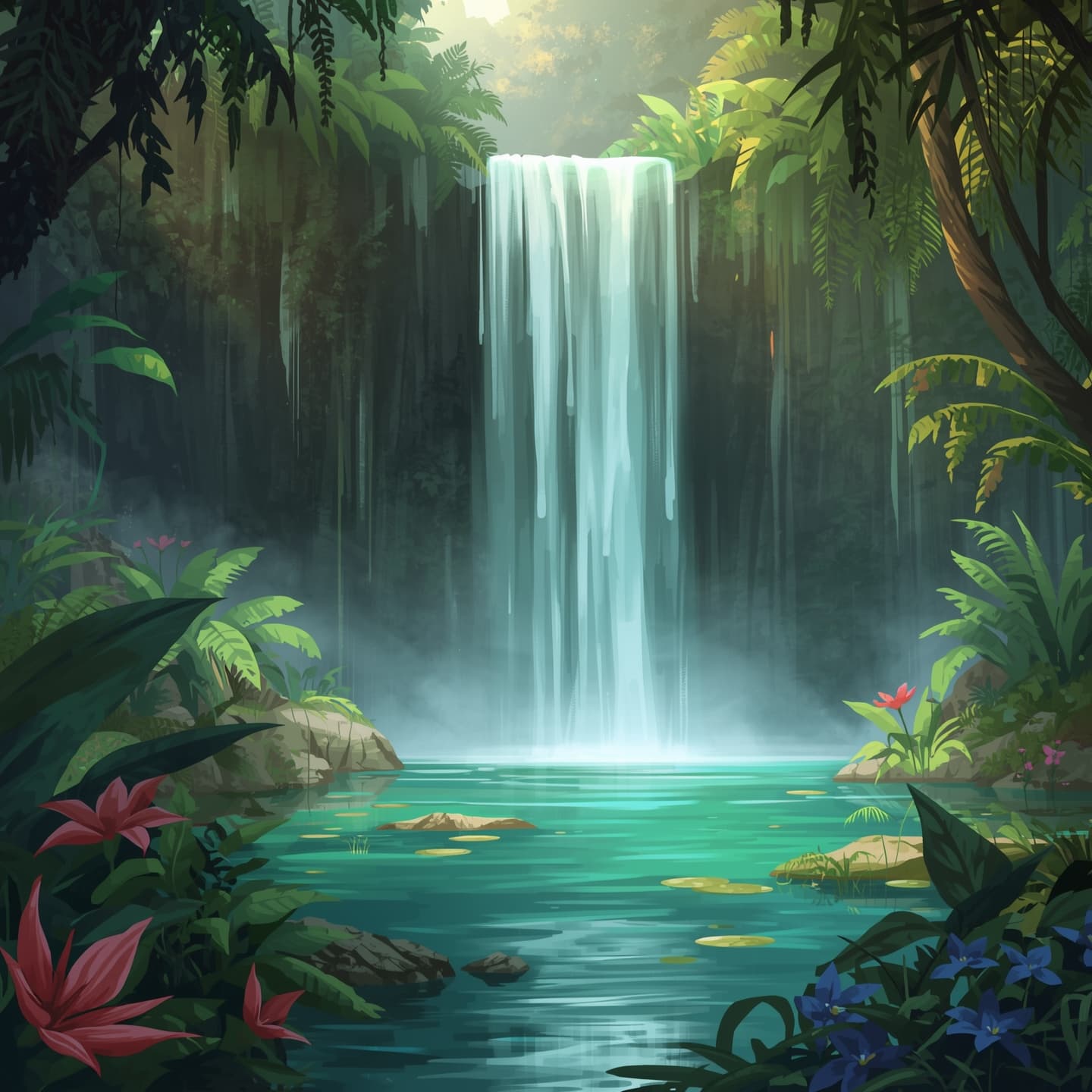 A serene tropical waterfall cascades into a tranquil pond surrounded by lush green vegetation and vibrant exotic flowers, with a light color palette, for a fantasy RPG encounter map, featuring magical elements, and a dreamy atmosphere, with warm sunlight filtering through the mist, and a sense of adventure and discovery, incorporating natural textures and organic shapes, with a mix of soft and delicate lines, and bold brushstrokes, to create an immersive and enchanting environment.