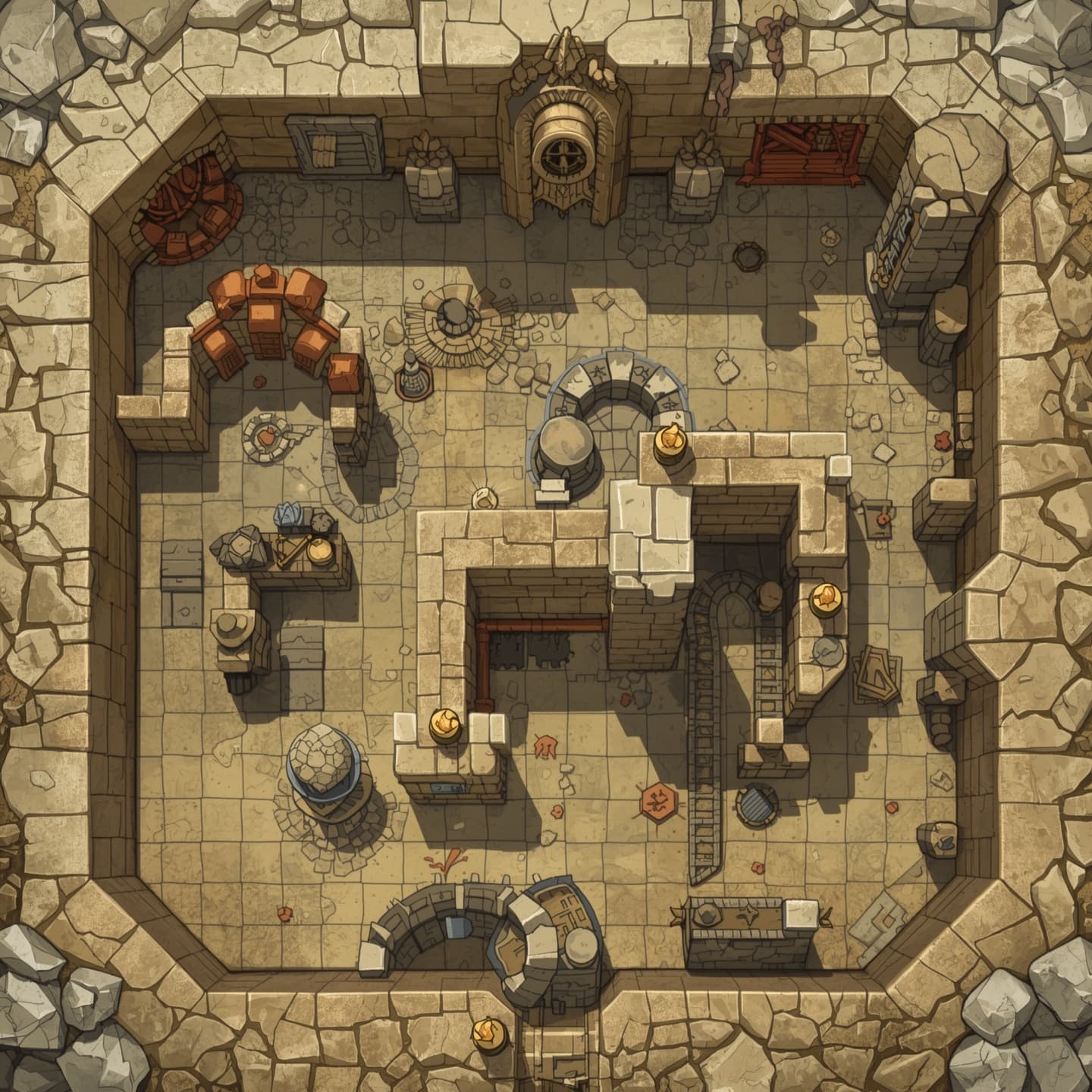 A sprawling ogre cave with multiple interconnected chambers, presented in a top-down floorplan view, featuring light beige and sandy hues, adorned with fantastical elements suitable for a fantasy role-playing game, with intricate stone carvings and torch holders, the dungeon map showcasing uneven stone walls, rough-hewn pillars, and passageways, with subtle variations in shading to convey depth and texture, inviting exploration and adventure, the overall aesthetic evoking a sense of ancient, mystical power, with areas of interest and potential encounter points clearly delineated, and a clear, easy-to-follow layout, perfect for guiding players through the twisting tunnels and mysterious spaces of the ogre's underground lair.